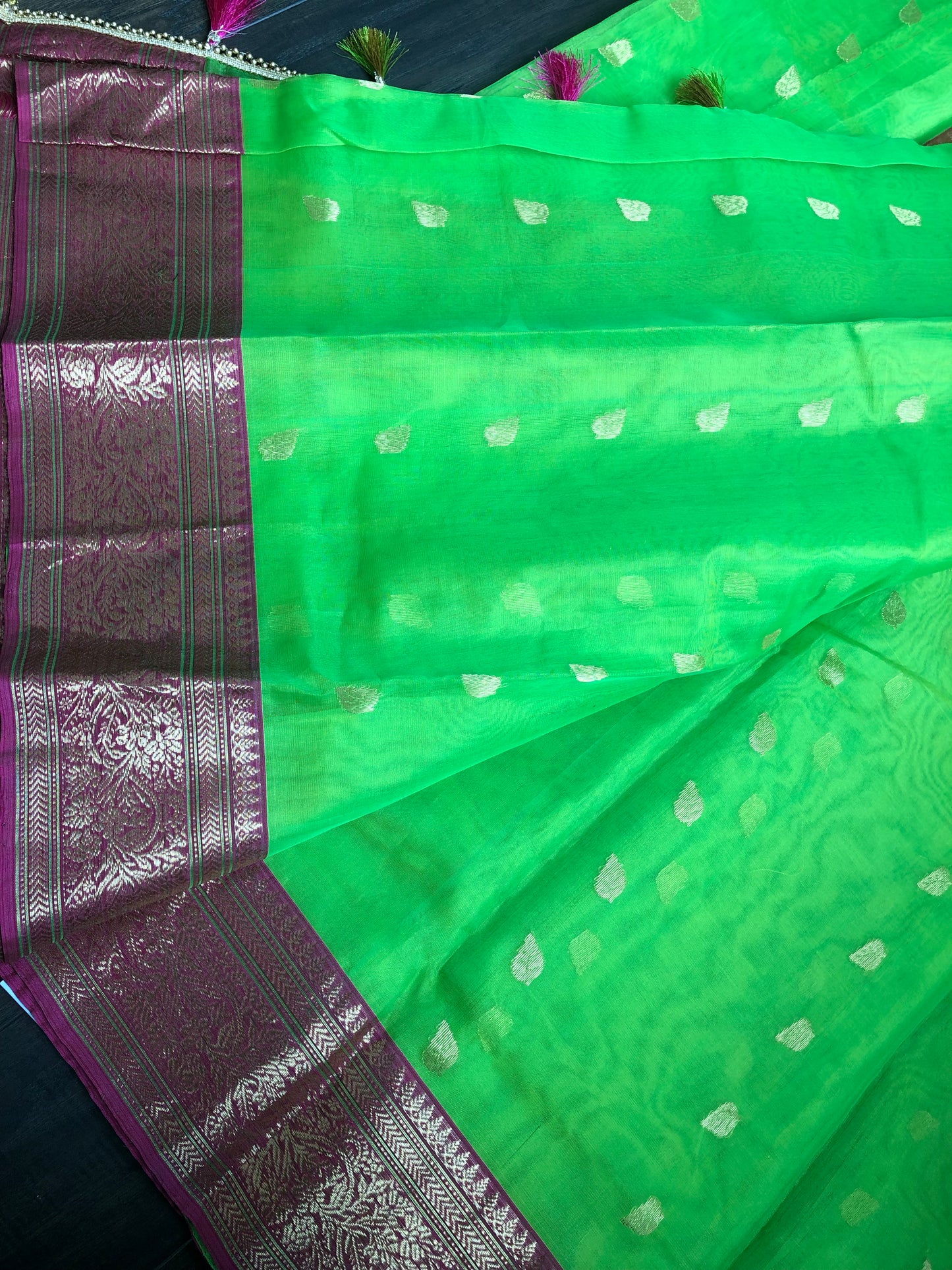 Pure Chanderi Katan Silk - Green Magenta