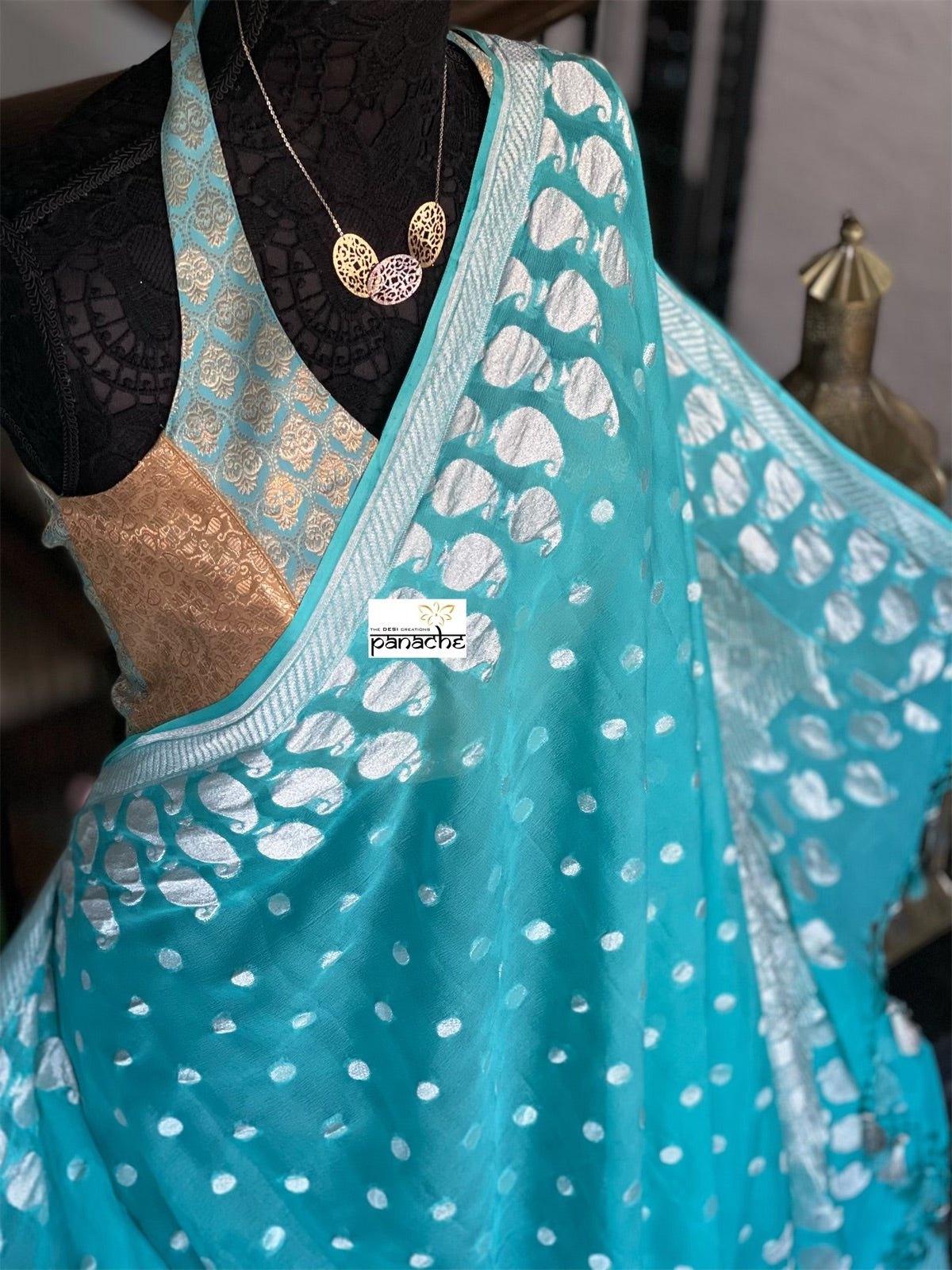 Khaddi Georgette Banarasi - Firozi Blue Silver Zari