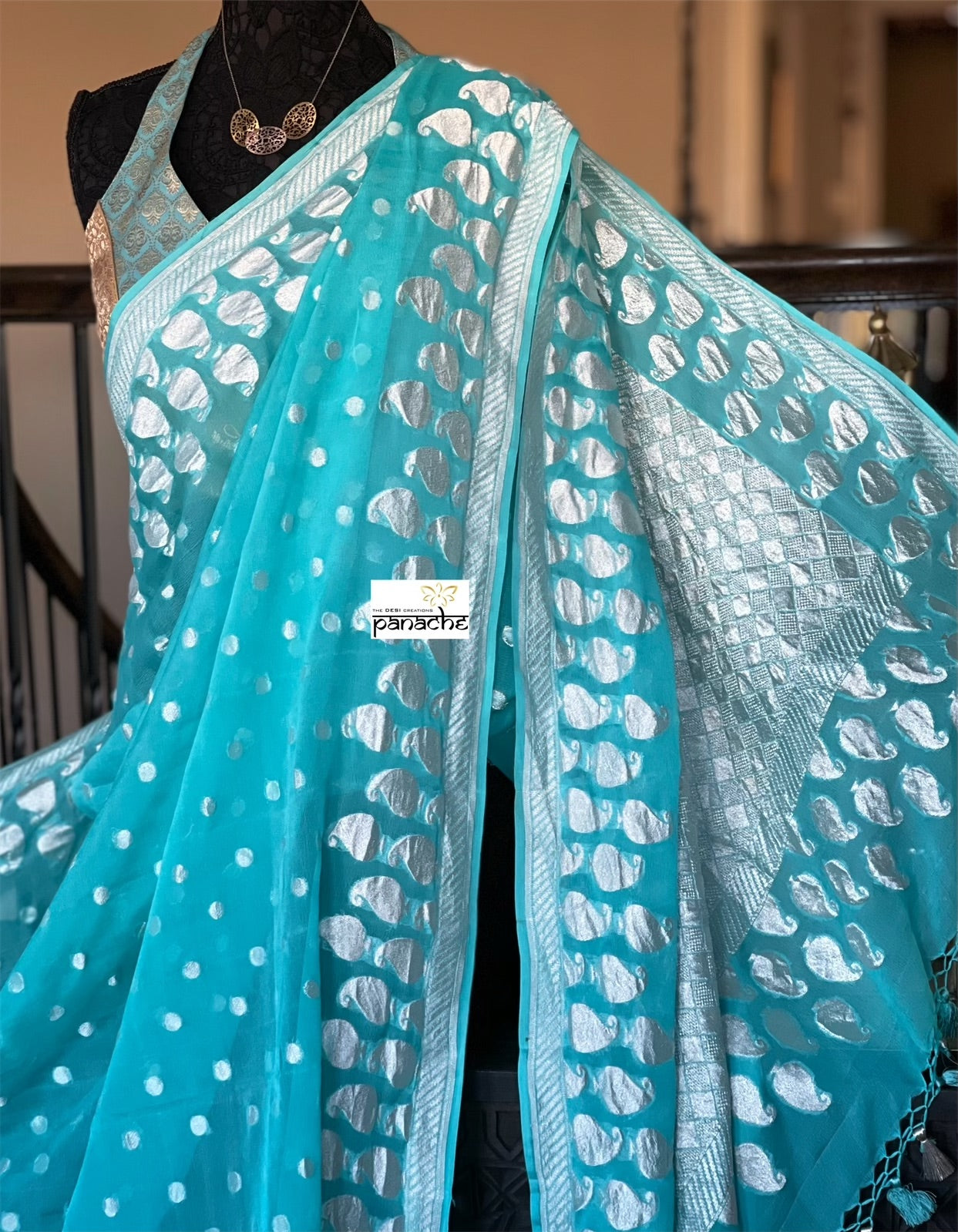 Khaddi Georgette Banarasi - Firozi Blue Silver Zari