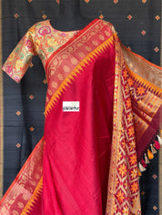 Tussar Silk Banarasi - Red Yellow Paithani Border