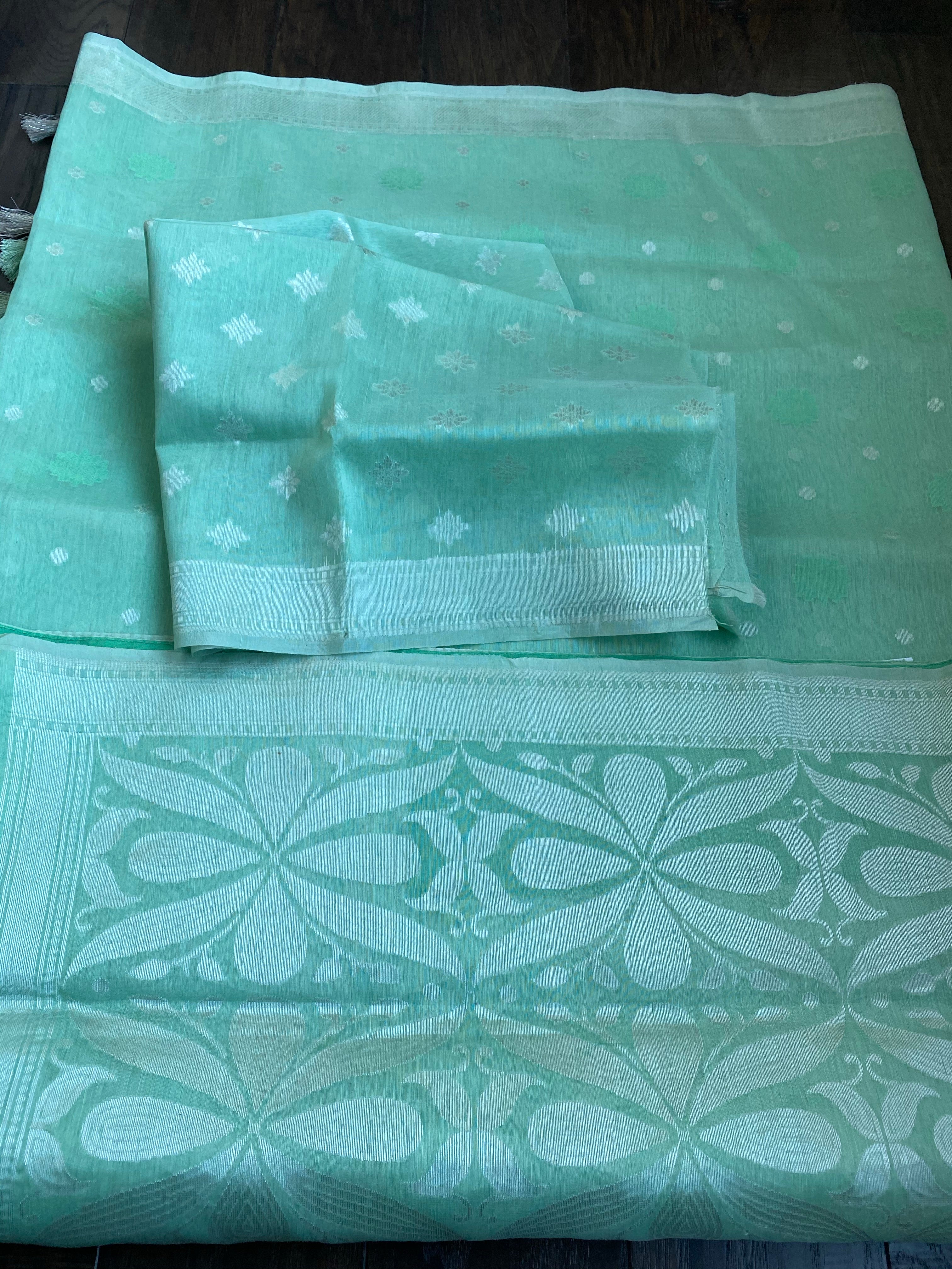 Linen Silk Banarsi - Mint Green Silver Zari