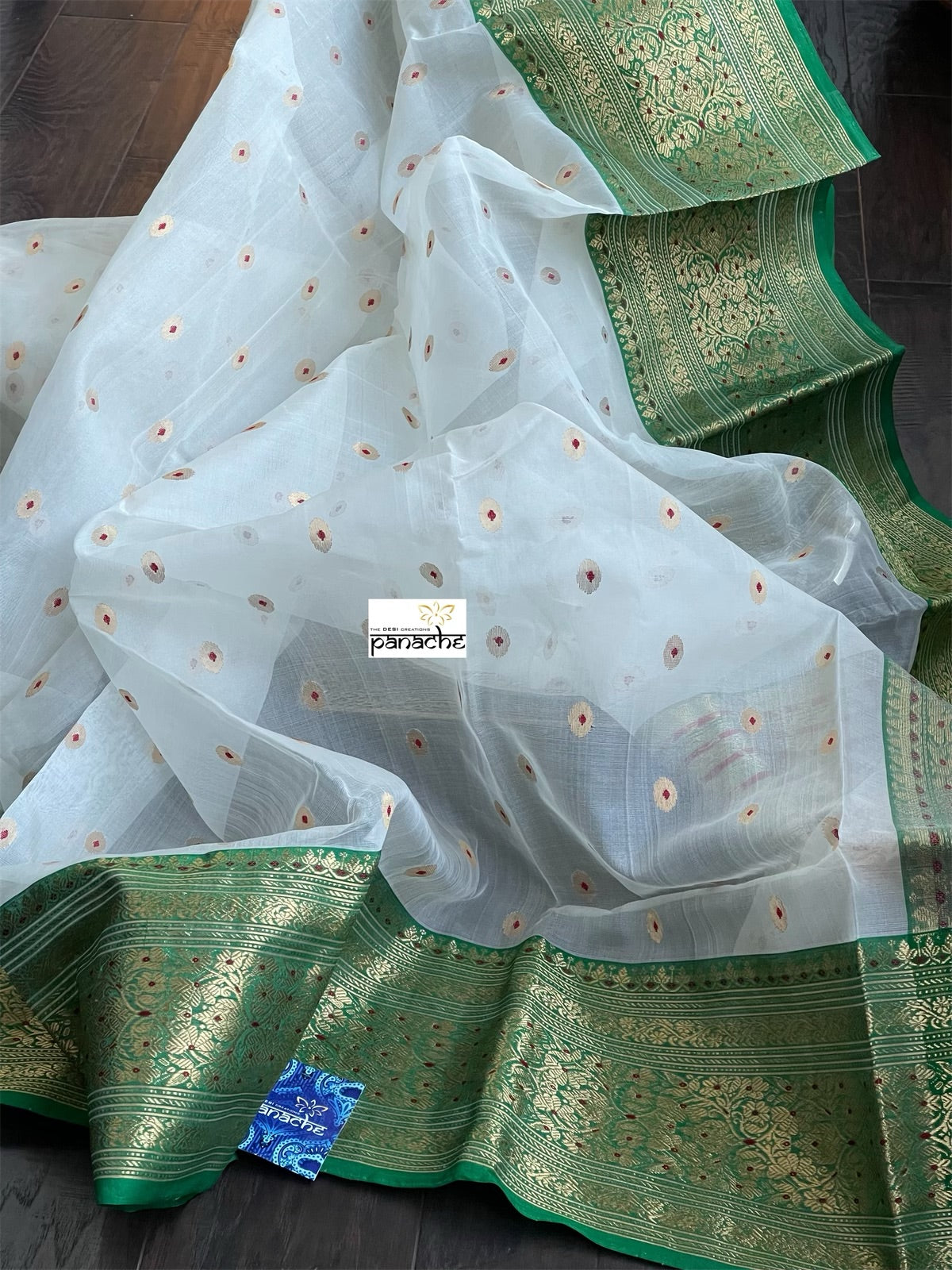 Pure Chanderi Organza Silk - Offwhite Green Eknaliya Golden Zari