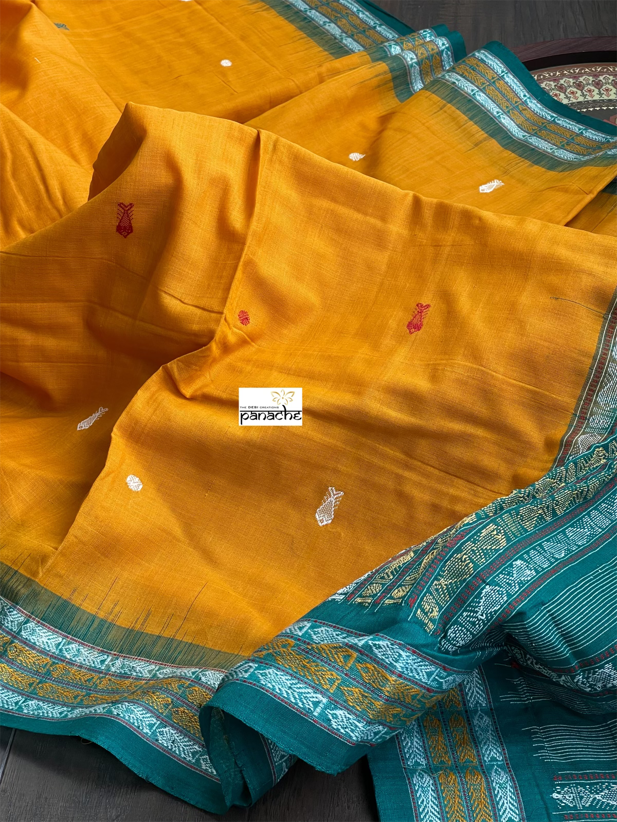 Pure Habaspuri Cotton Handloom - Golden Yellow Teal Green