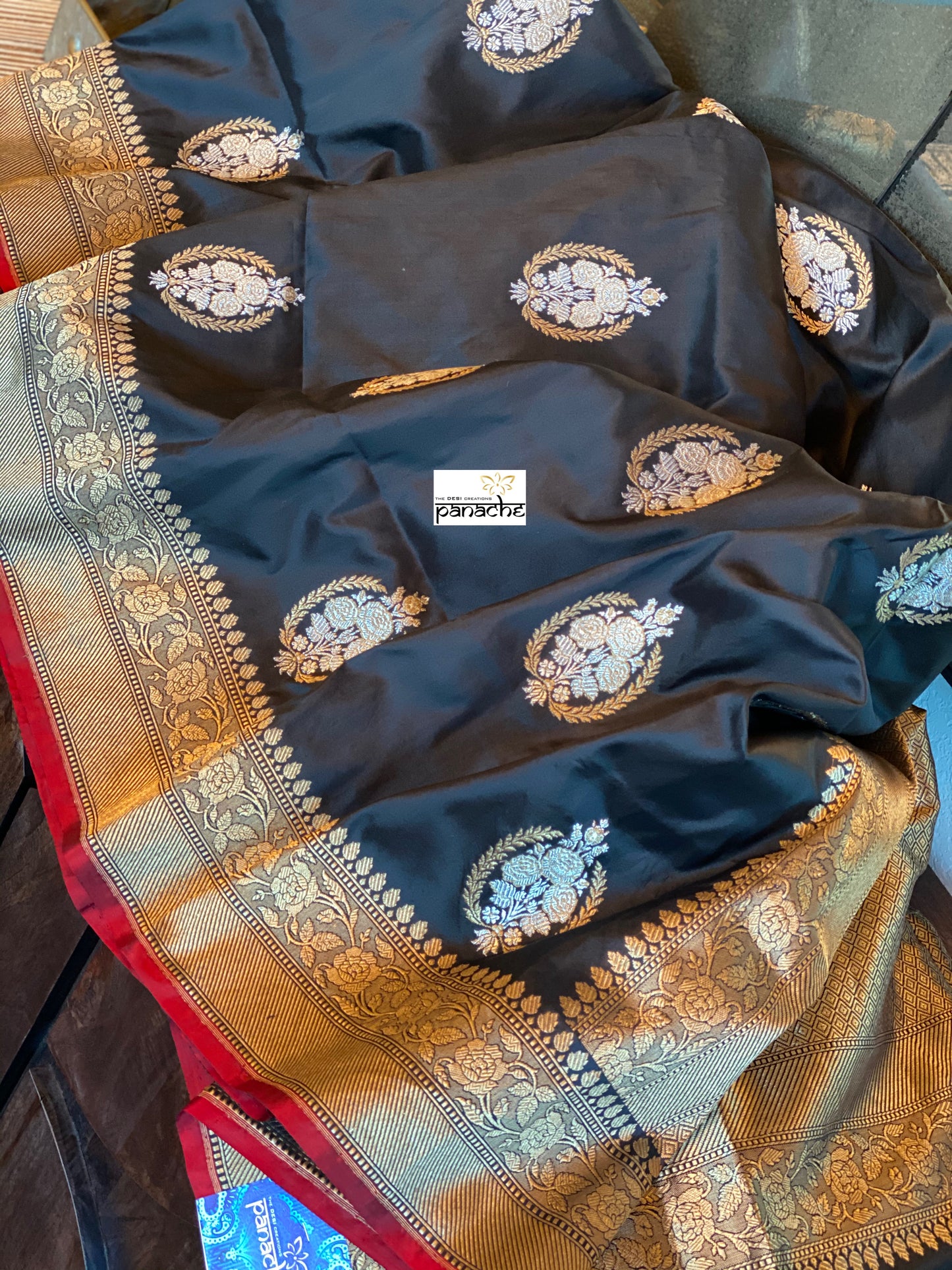 Exclusive Katan Silk Banarasi - Black Red Kadwa Woven