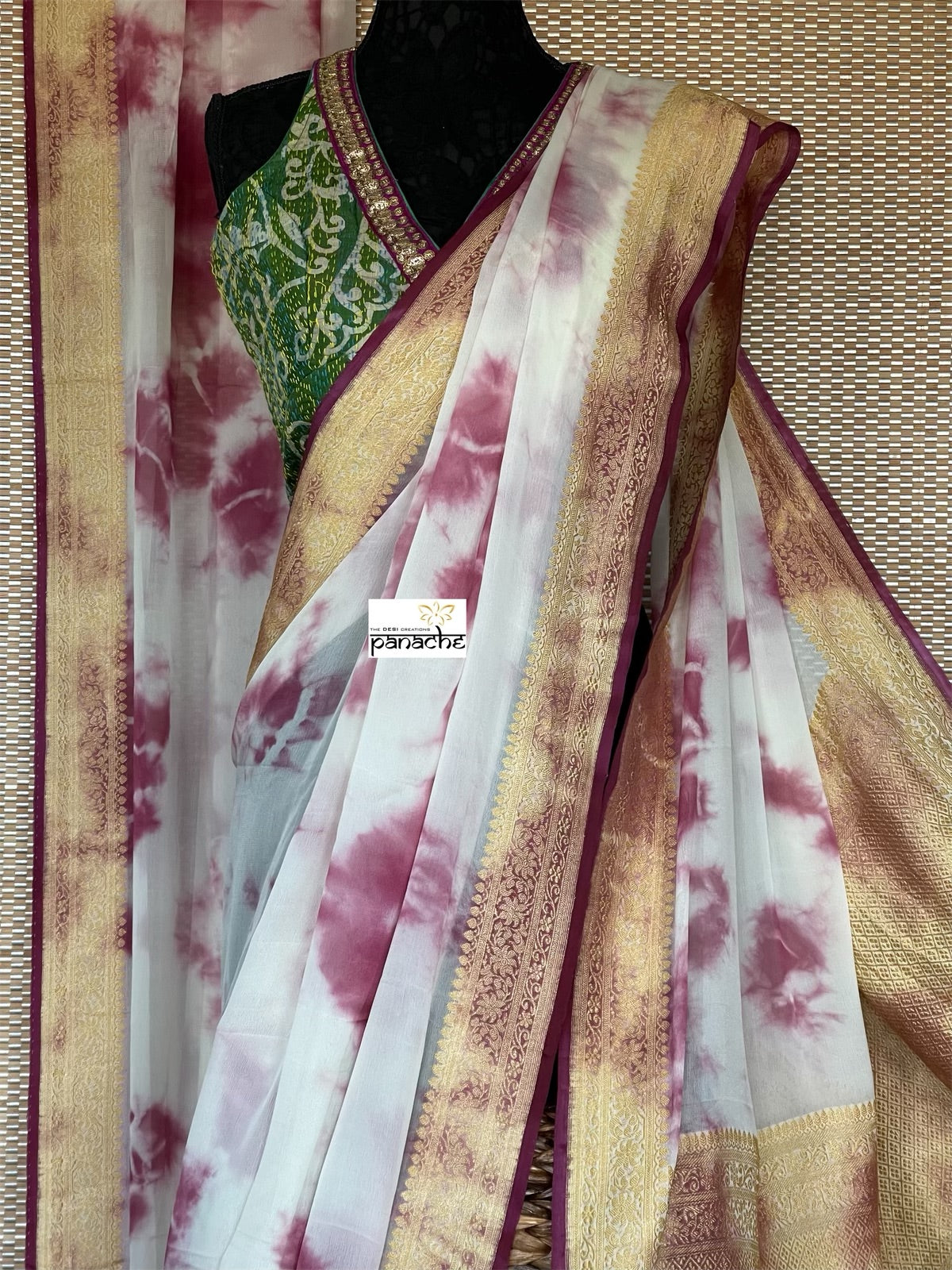 Khaddi Georgette Banarasi - Off-White Wine Purple Tie-dye Khadhua Woven
