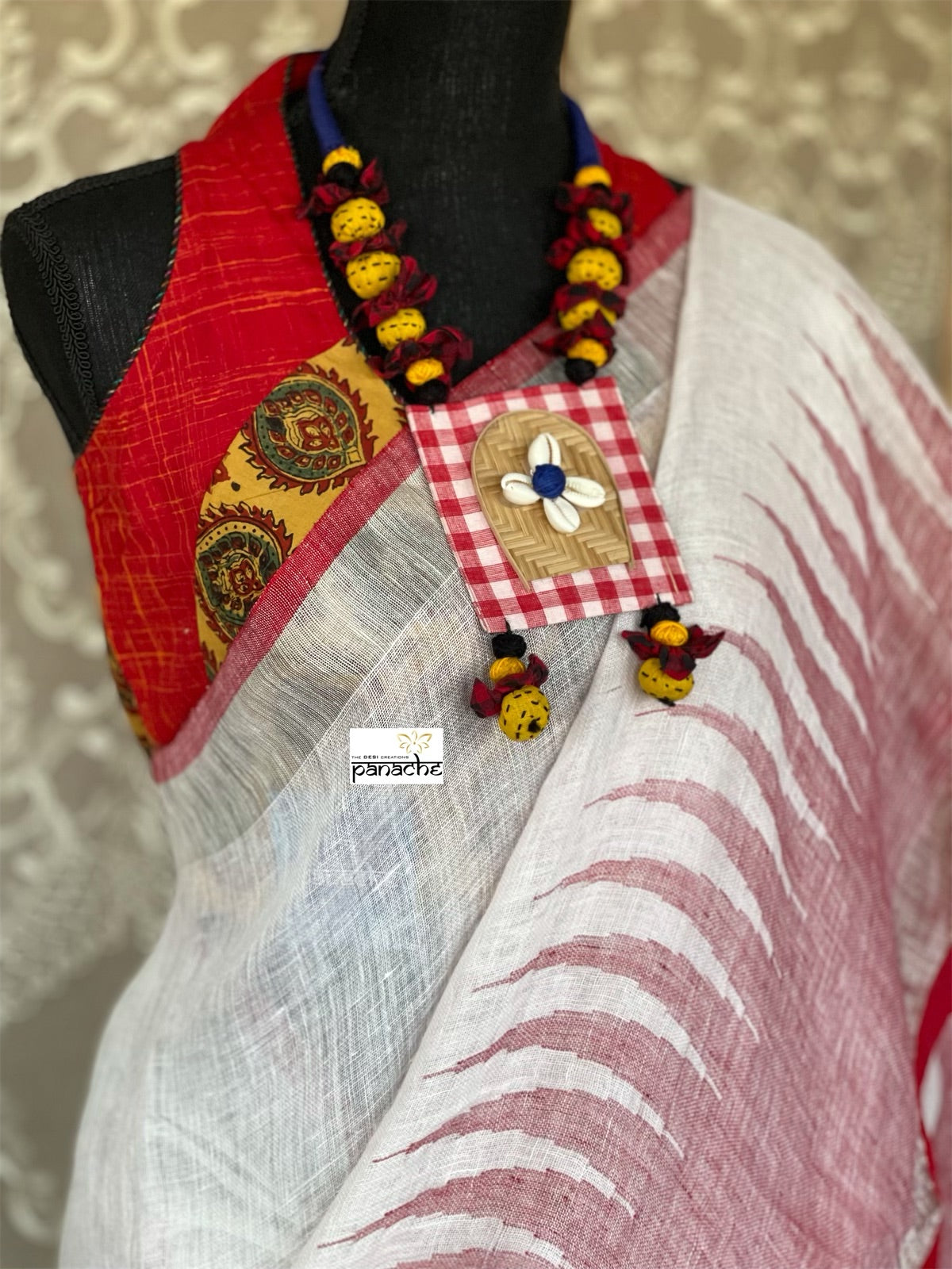 Pure Linen Handloom - White Red Temple