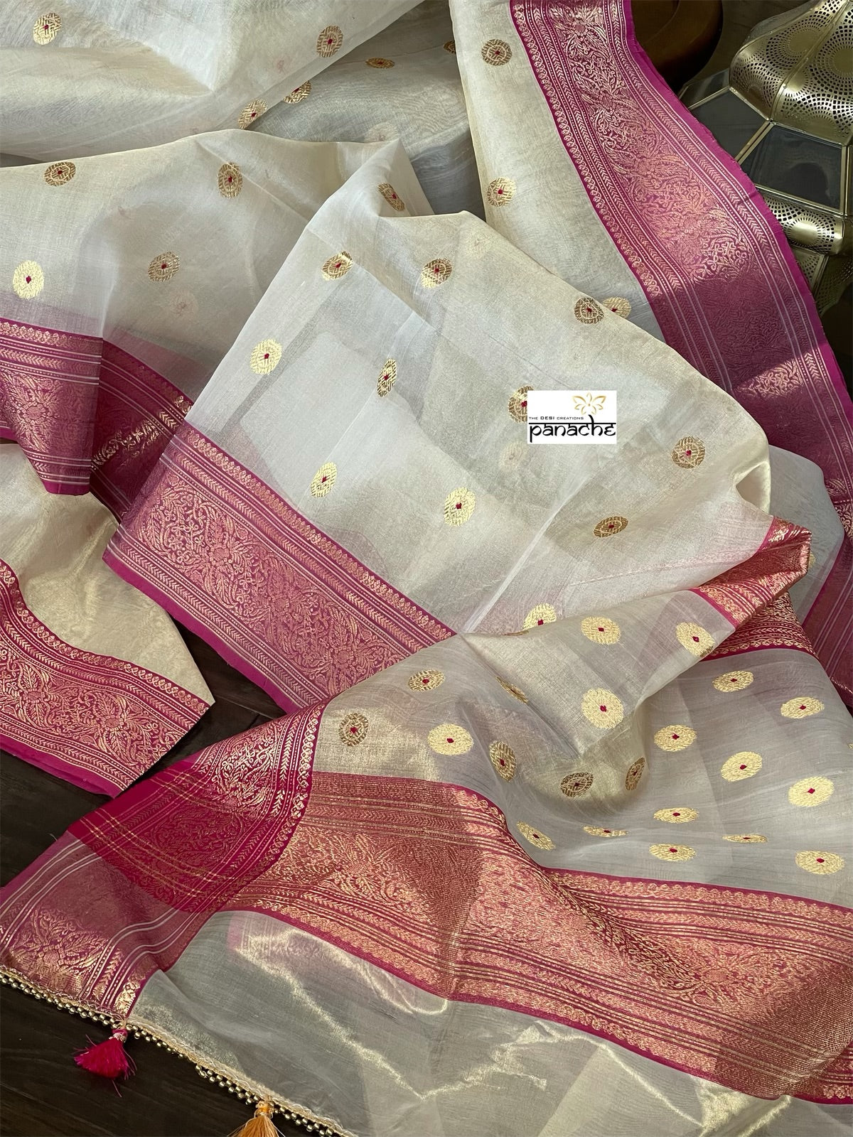 Tissue Chanderi Silk - Golden Beige Magenta Meenakari