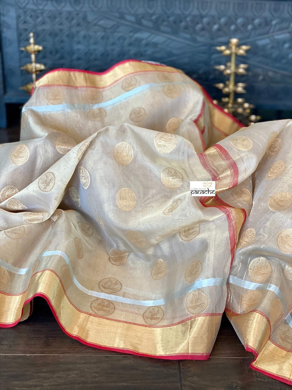 Tissue Chanderi Silk - Golden Beige Maroon