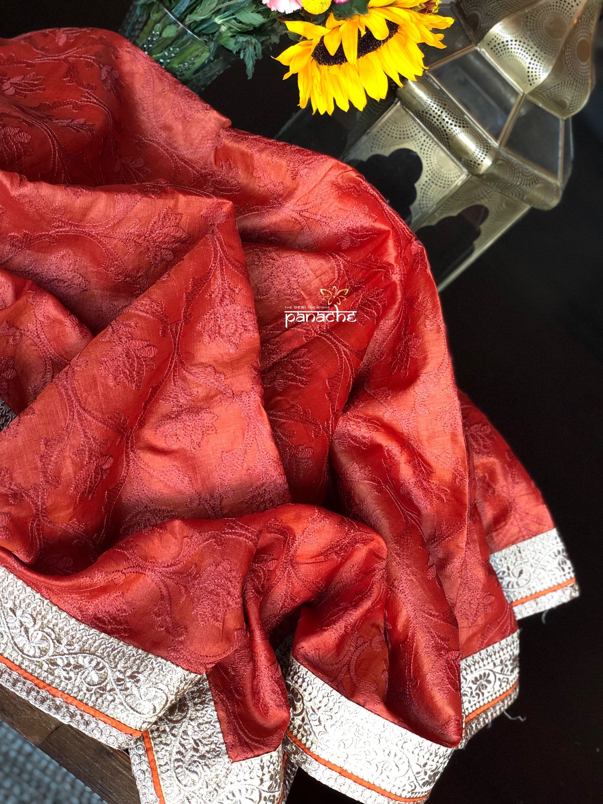 Designer Tussar Silk - Rust Golden Zari Woven