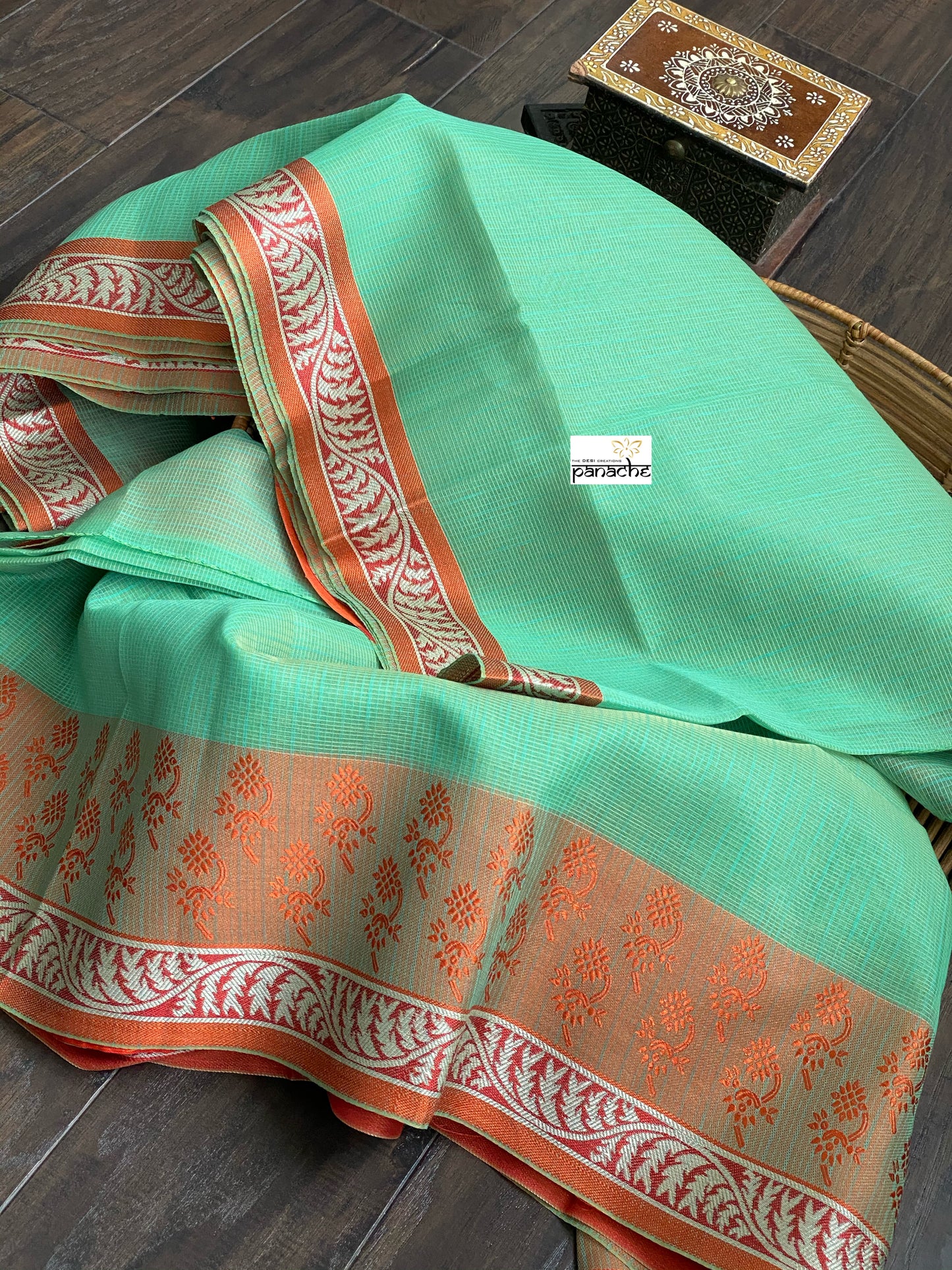 Cotton Silk Banaras Chanderi - Mint Green Orange