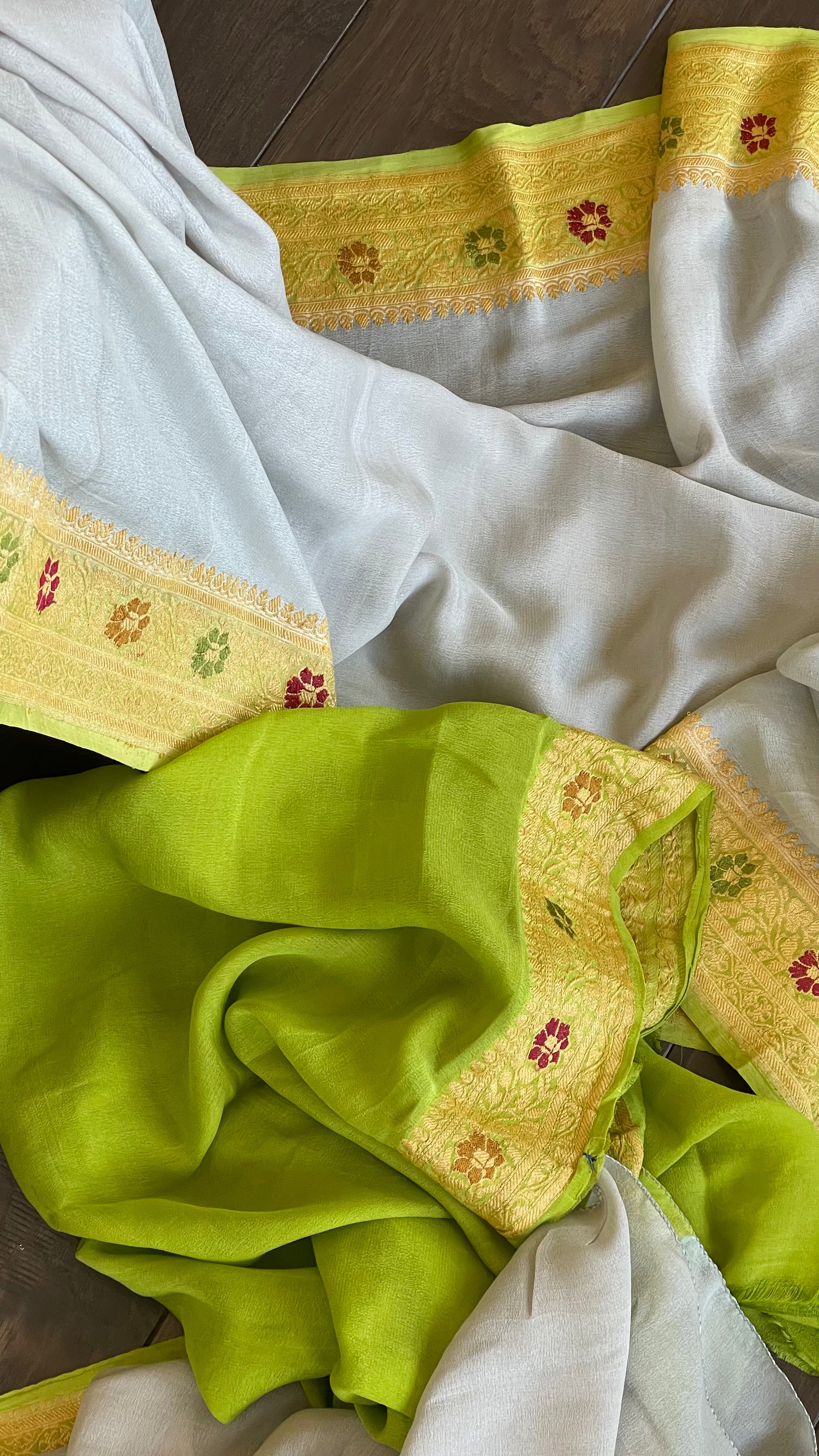 Khaddi Georgette Banarasi - Grey Green Meenakari