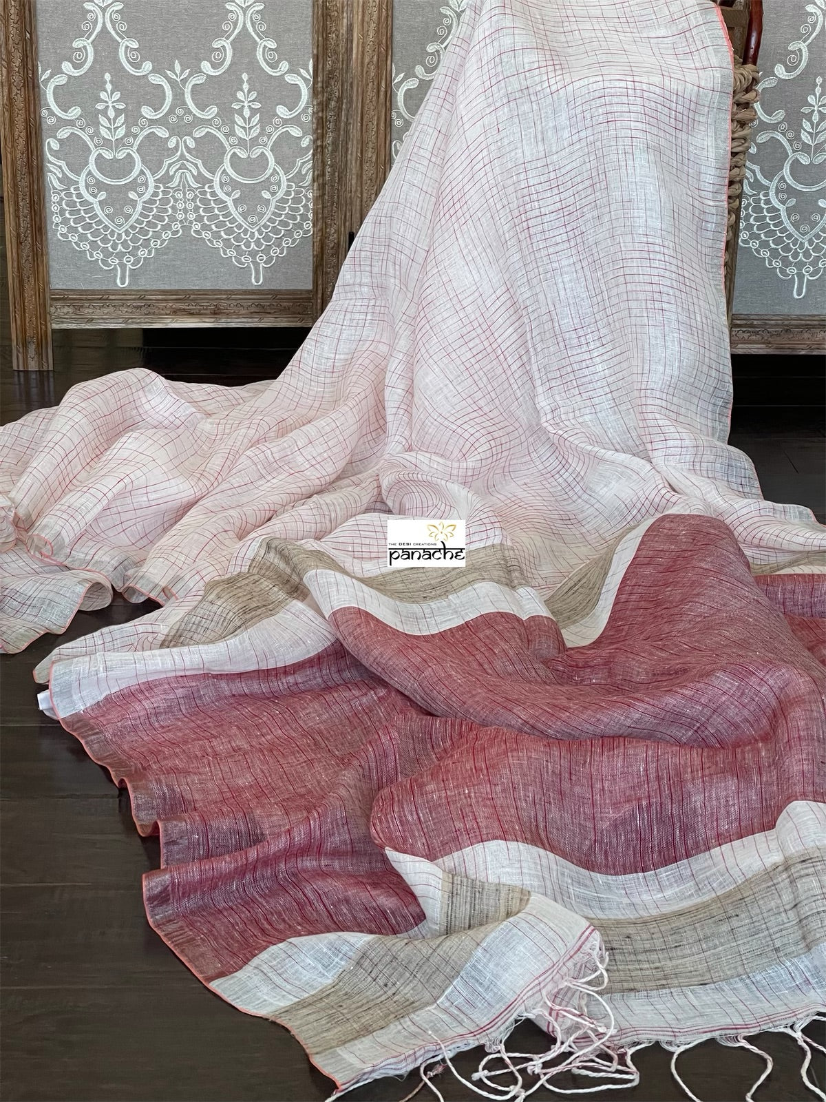 Linen Handloom - Off White Maroon Silver Zari