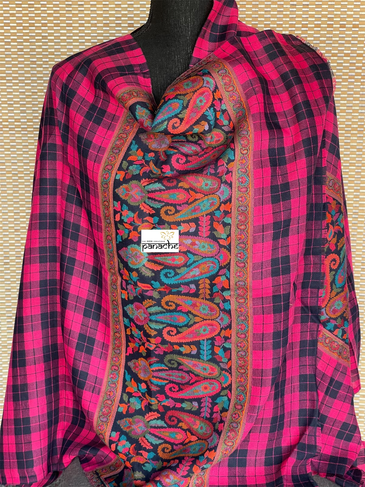 Kashmiri Woven Stole - Pink Black Checkered