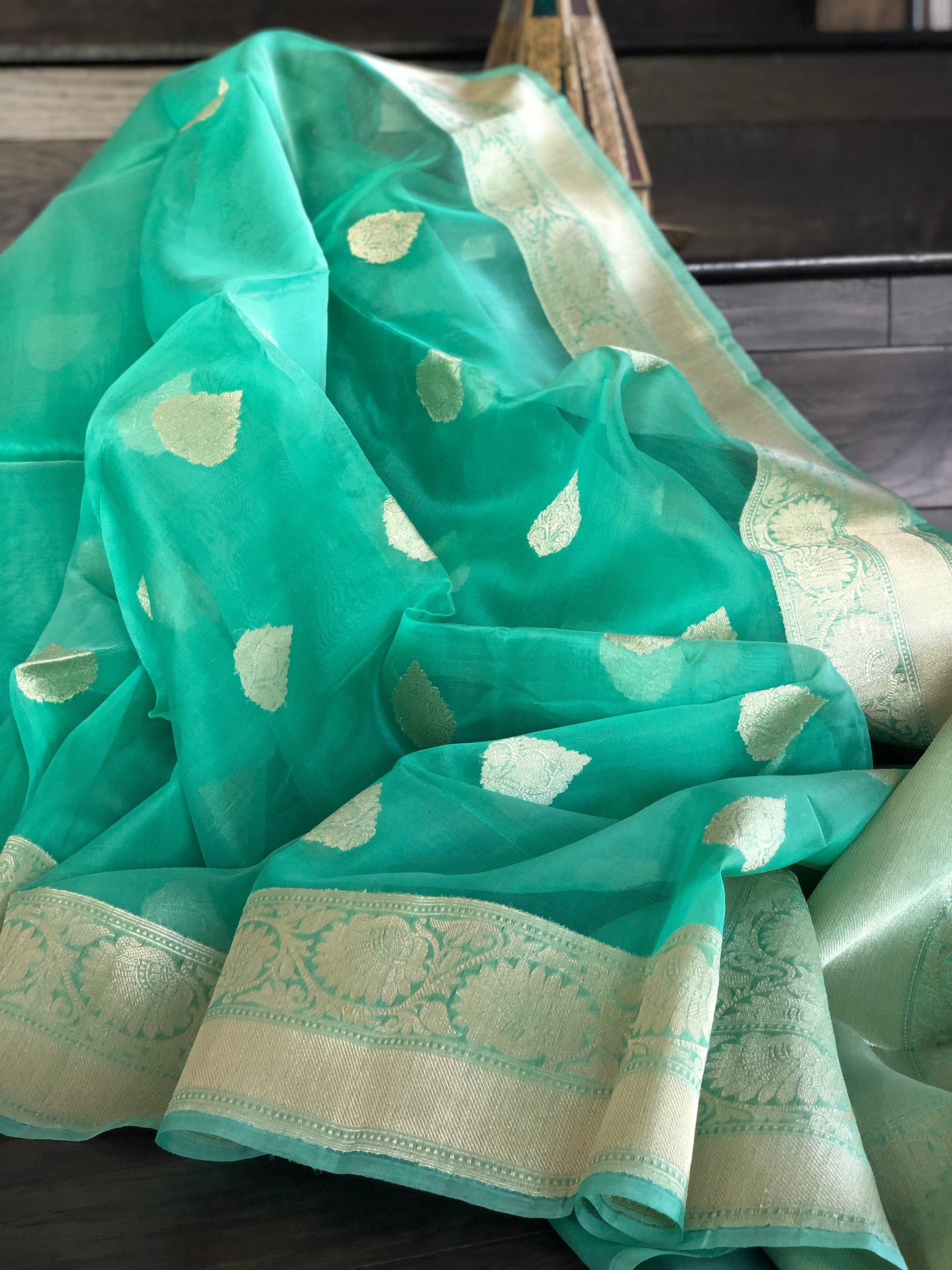 Organza Silk Banarsi - Sea Green Golden Zari