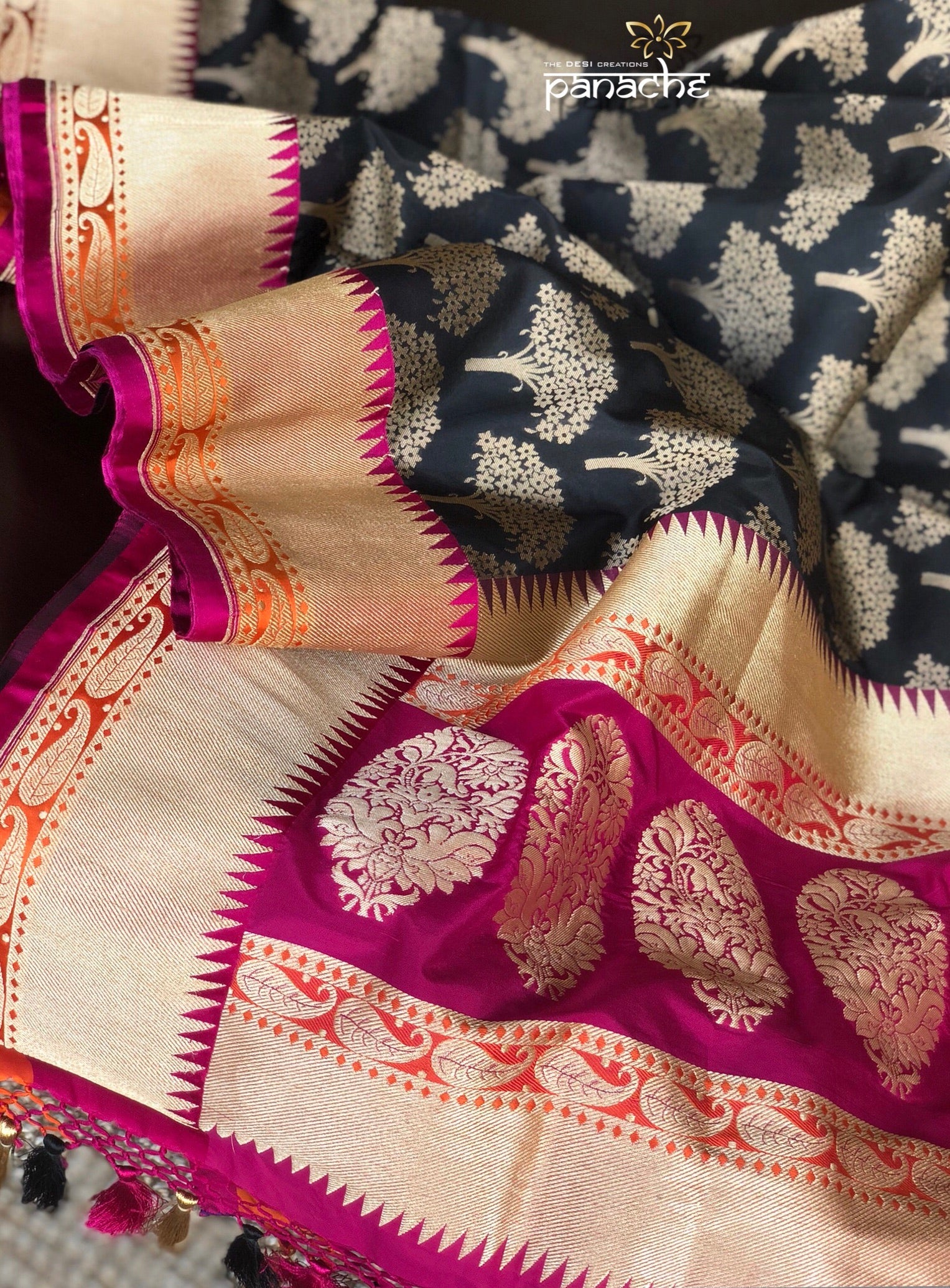 Silk Banarasi - Black Purple Antique Zari