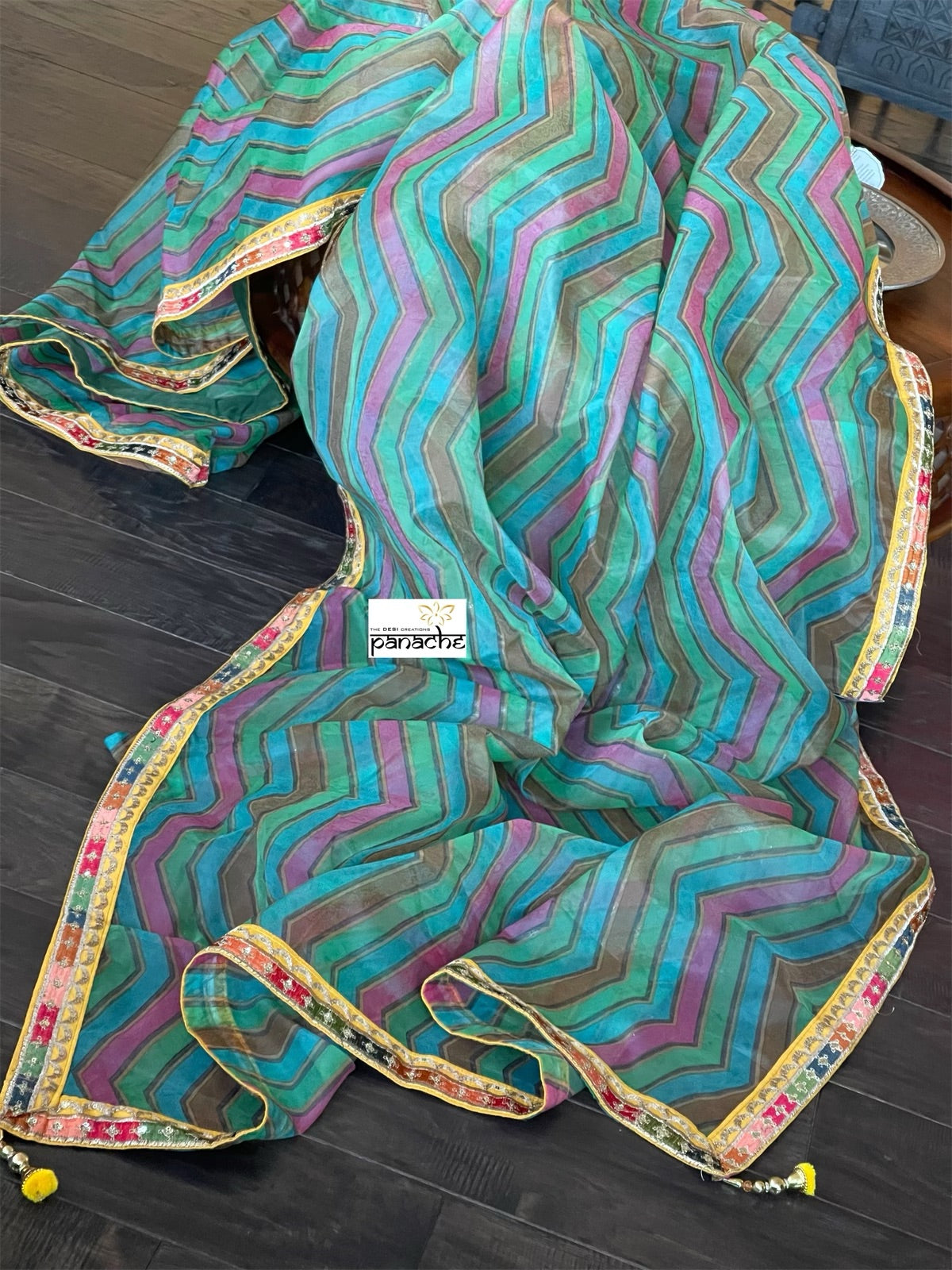 Designer Organza Floral - Green Multi Color