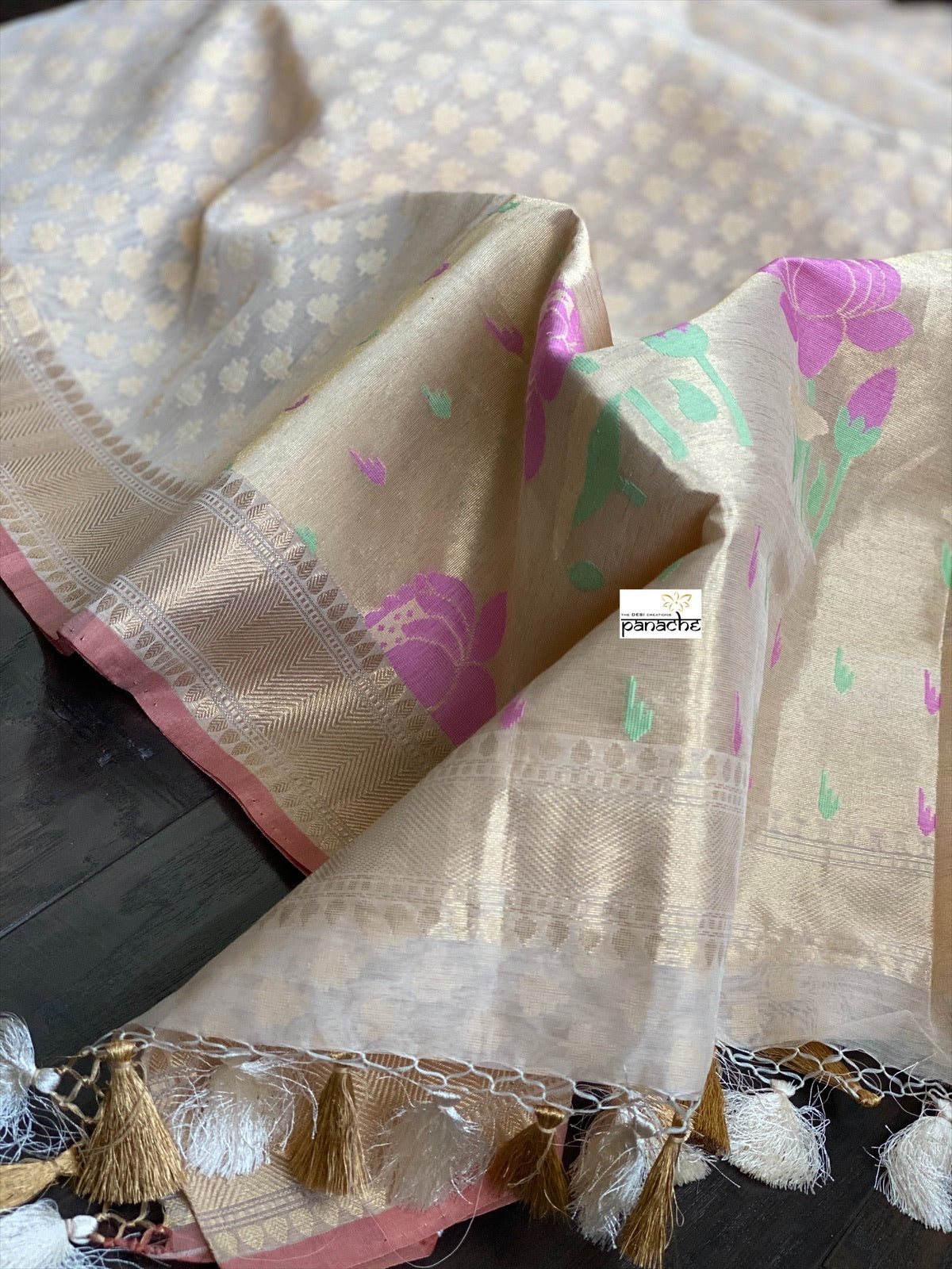 Silk Cotton Kora Banarasi - Cream Paithani Pallu