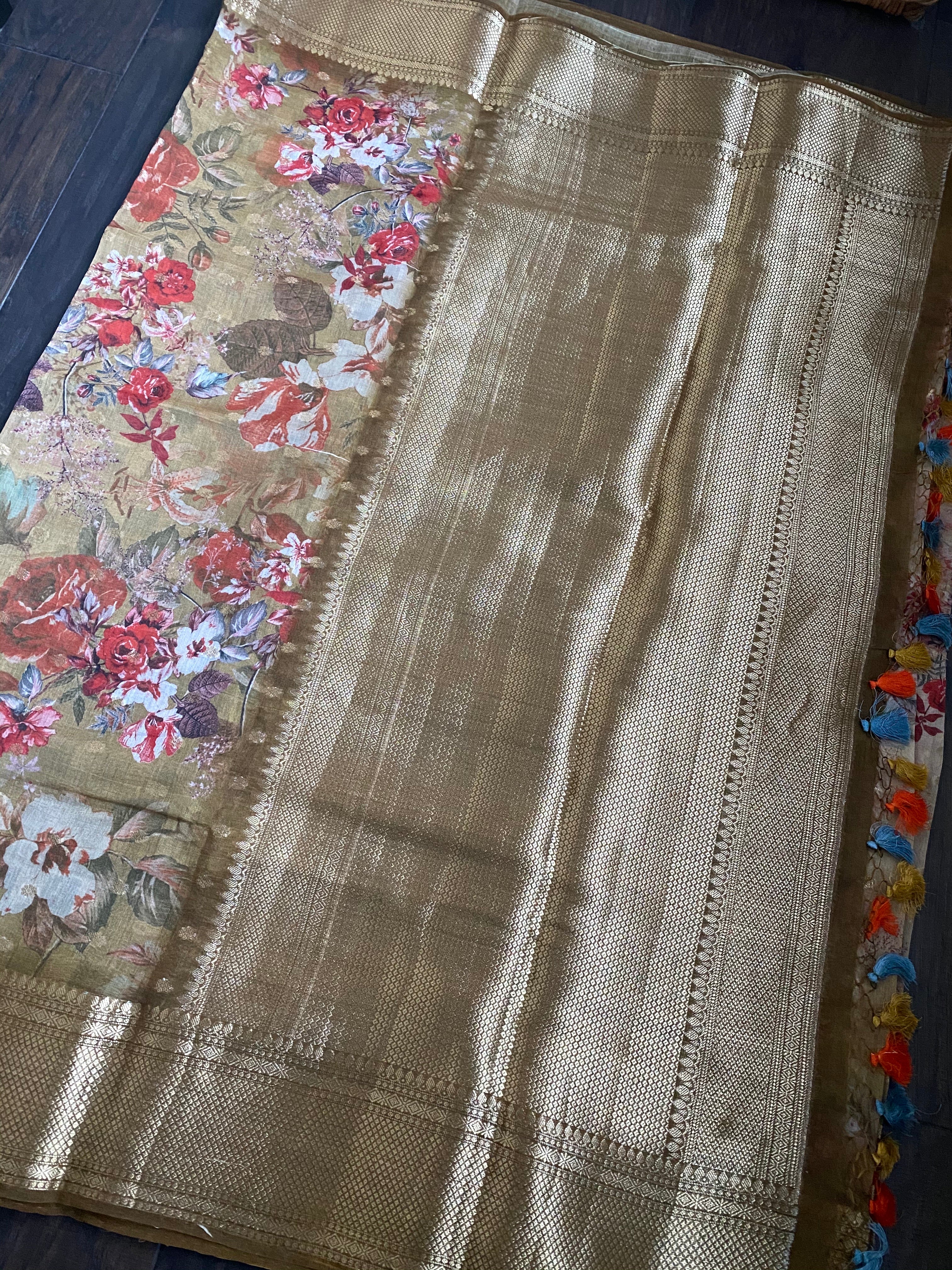 Mulmul Banarasi Floral - Light Brown Golden Zari