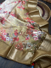 Mulmul Banarasi Floral - Light Brown Golden Zari