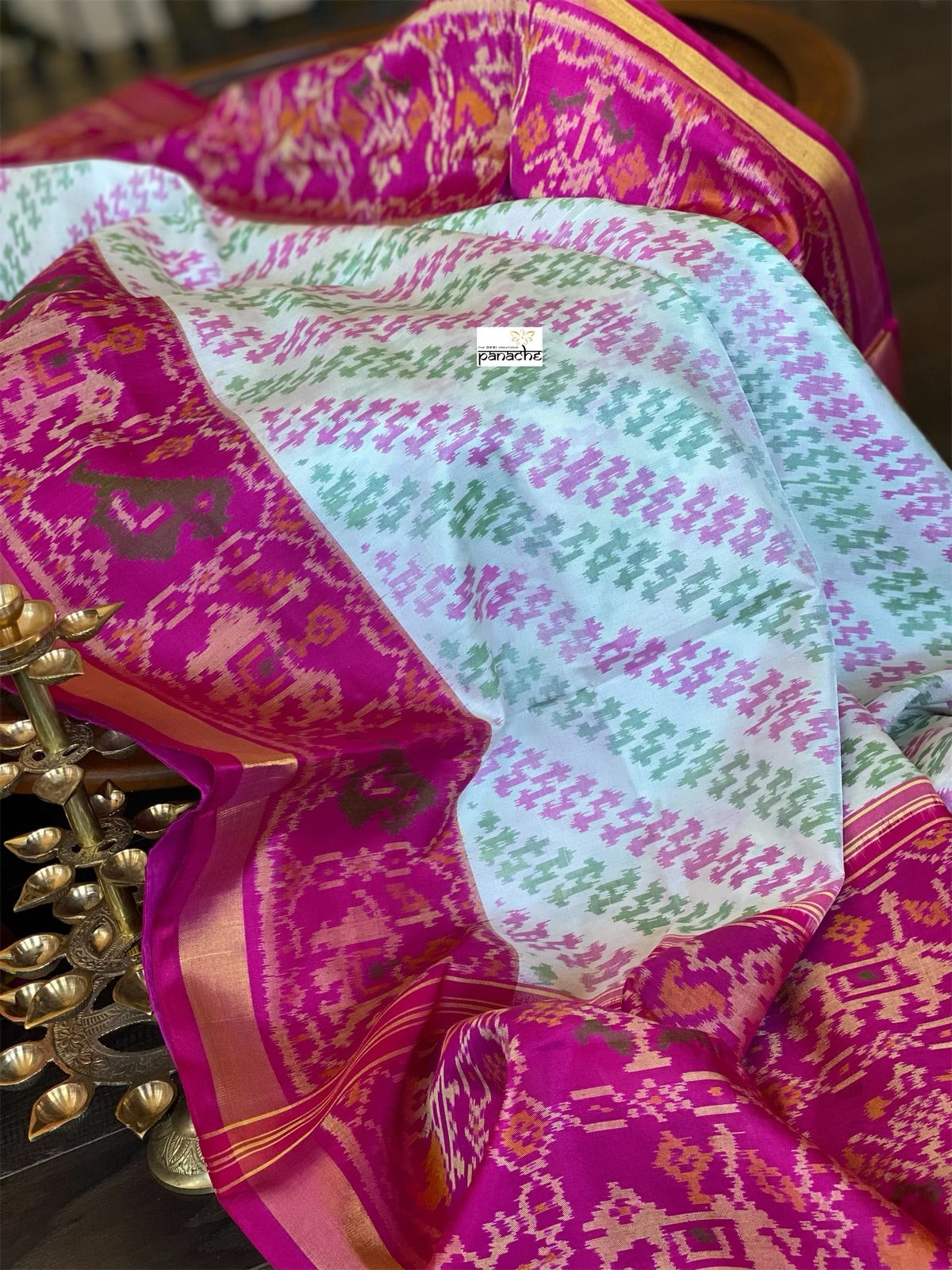 Pure Silk Ikat -  Offwhite Green Magenta