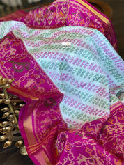 Pure Silk Ikat -  Offwhite Green Magenta