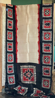 Pure Tussar Silk - Cream Beige Black
