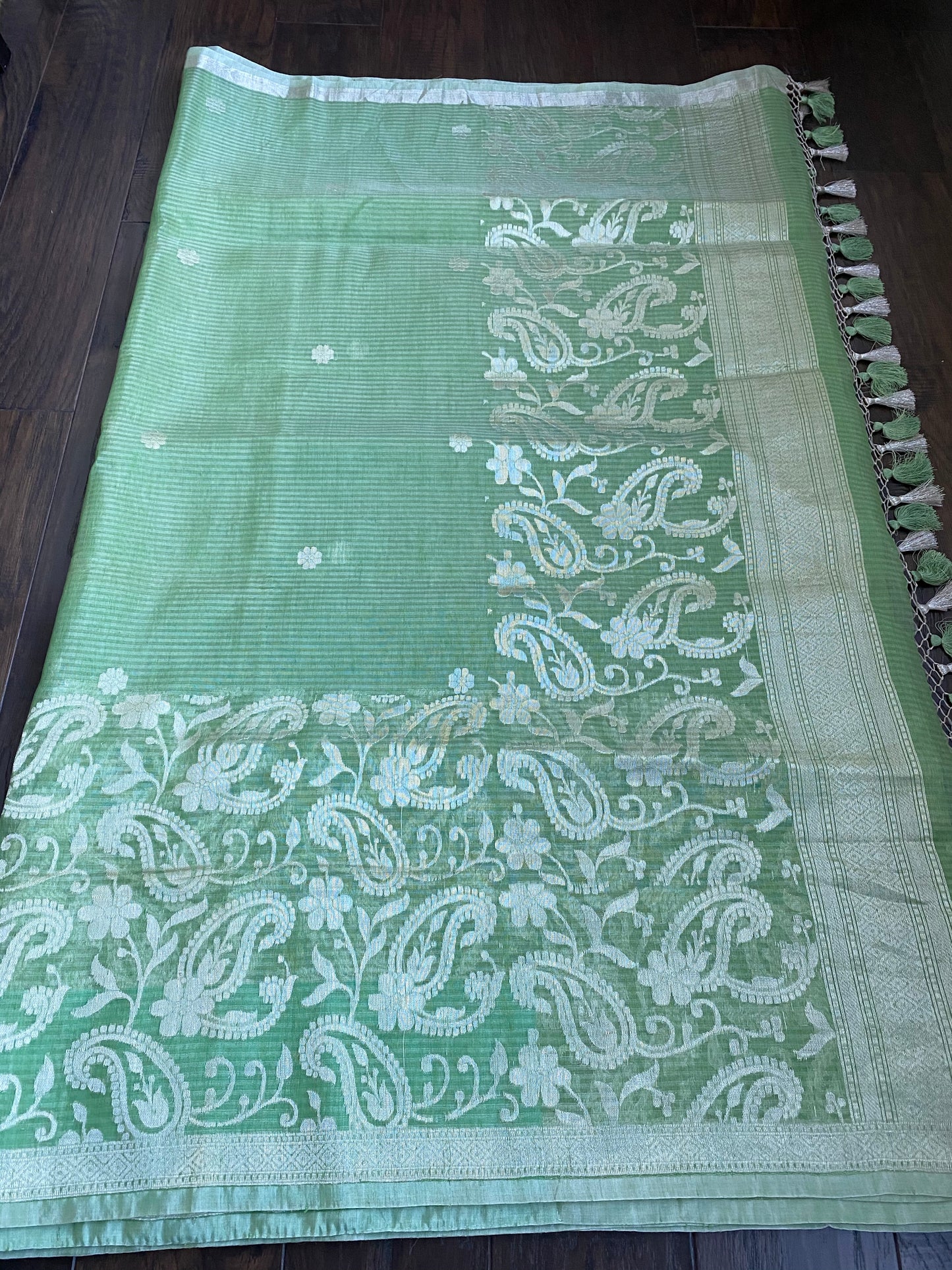 Linen Silk Banarsi - Pista Green Silver Zari