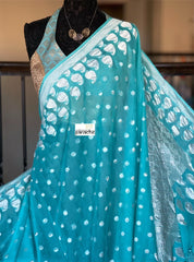 Khaddi Georgette Banarasi - Firozi Blue Silver Zari