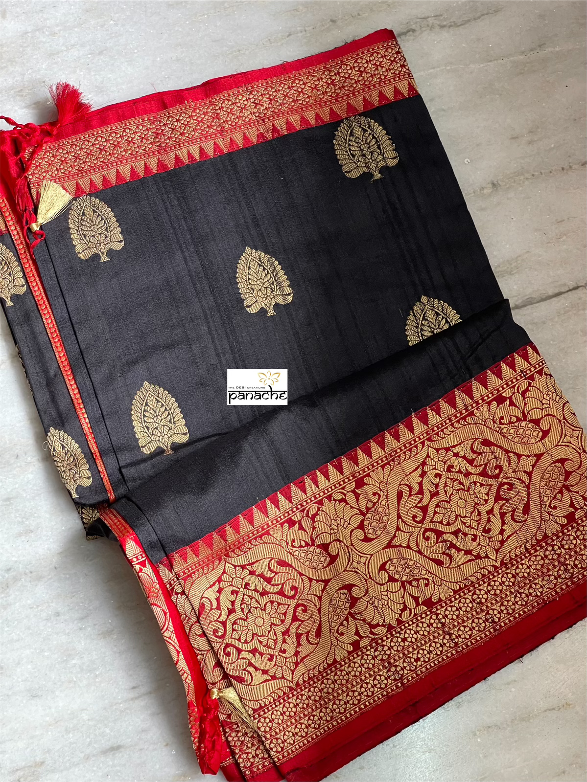 Pure Tussar Silk Banarasi - Black Red