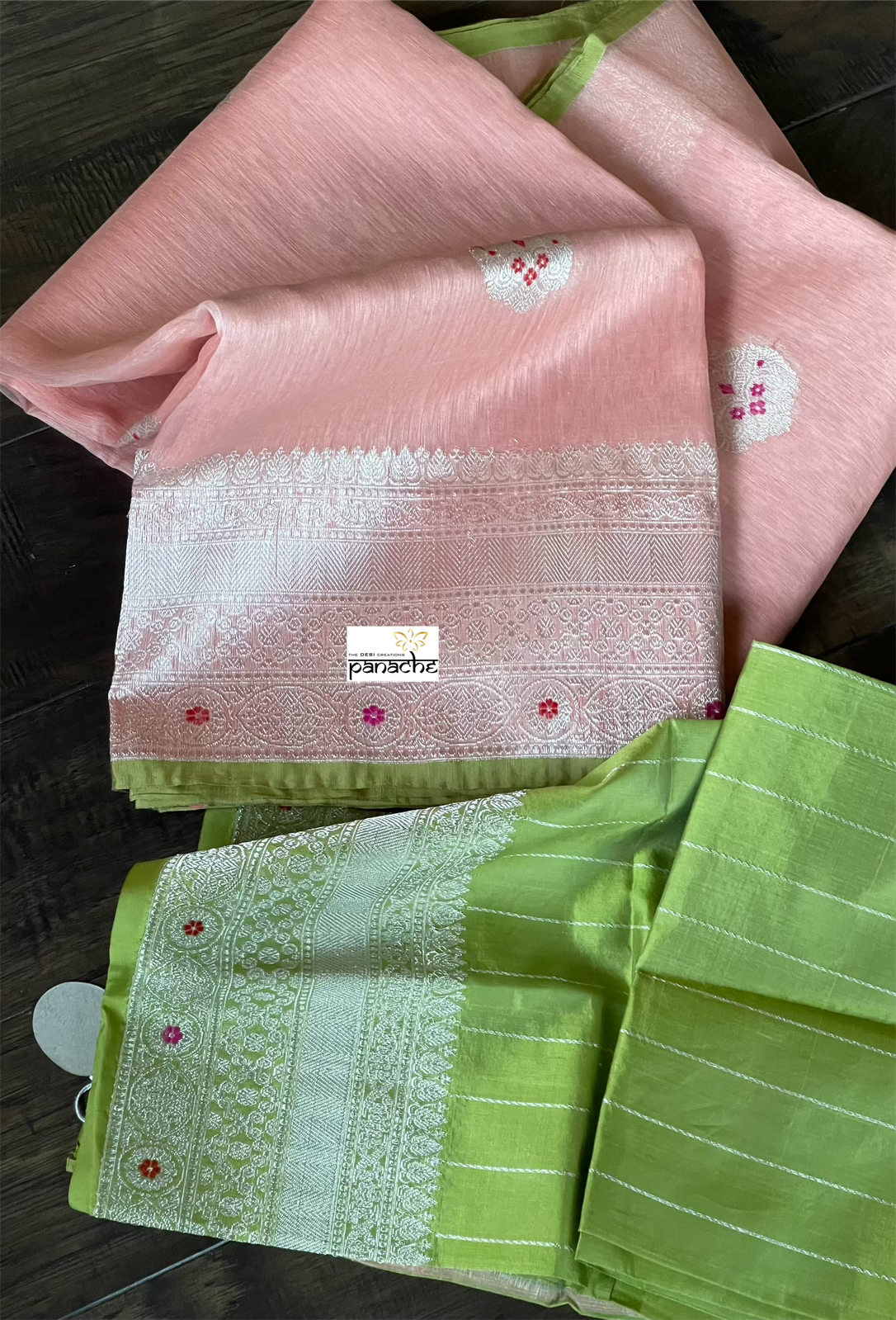 Linen Silk Banarasi - Peach Pink Green