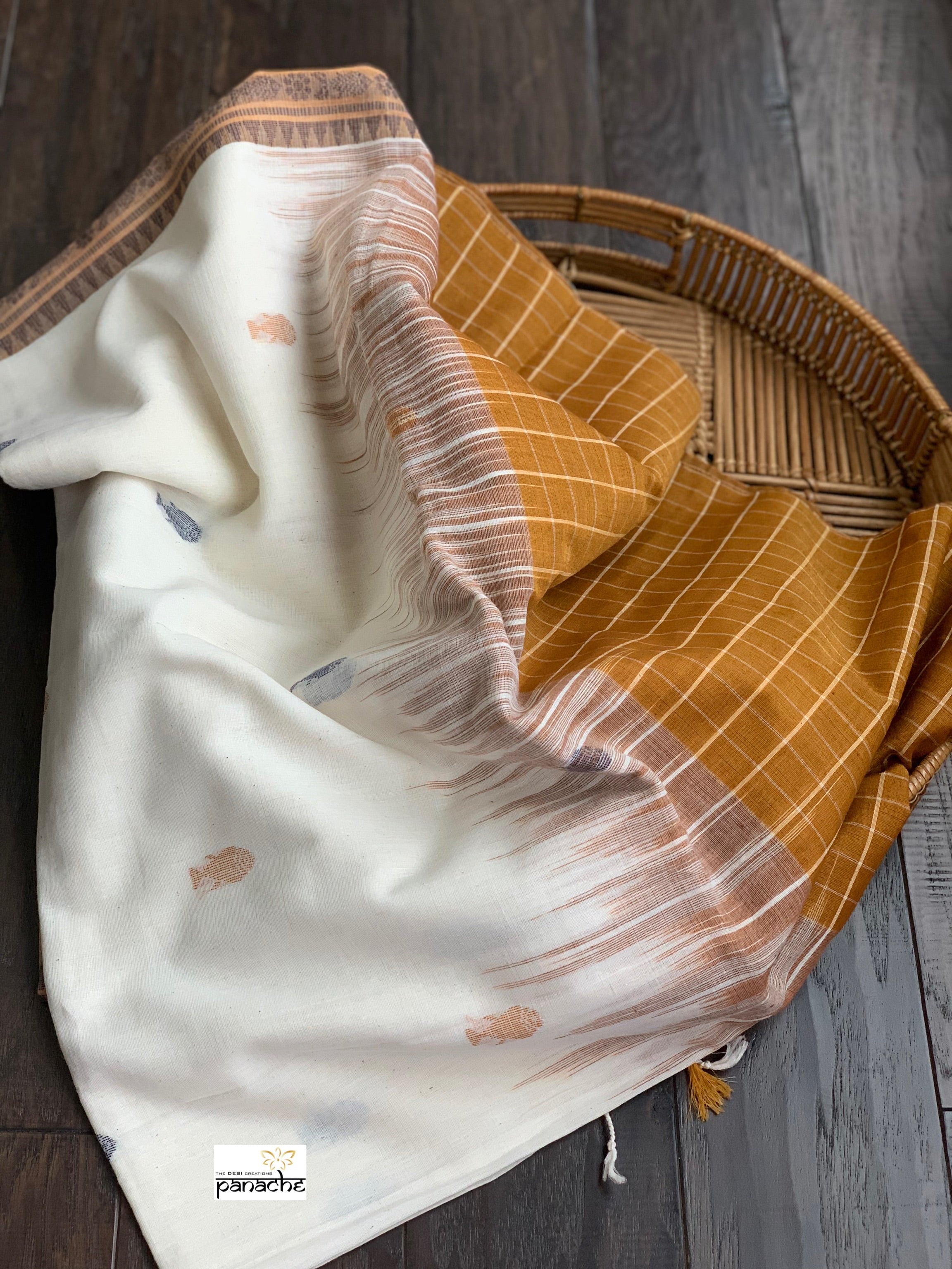 Pure Khadi Cotton Handloom - Off-White Ochre Yellow Woven