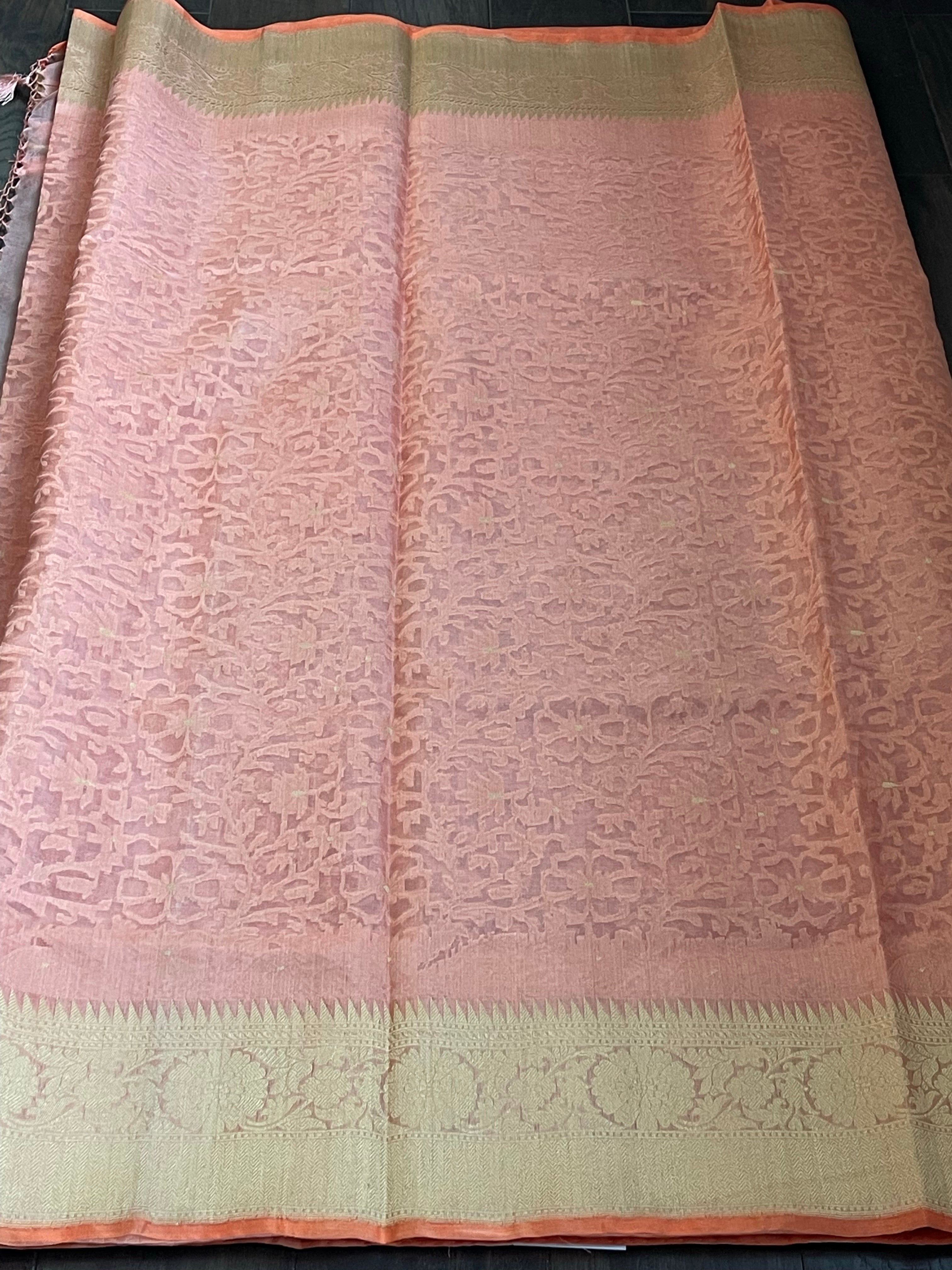 Organza Silk Jamdani Banarasi - Peach Kadwa