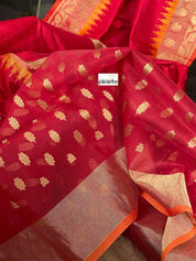 Tussar Silk Banarasi - Red Yellow Paithani Border