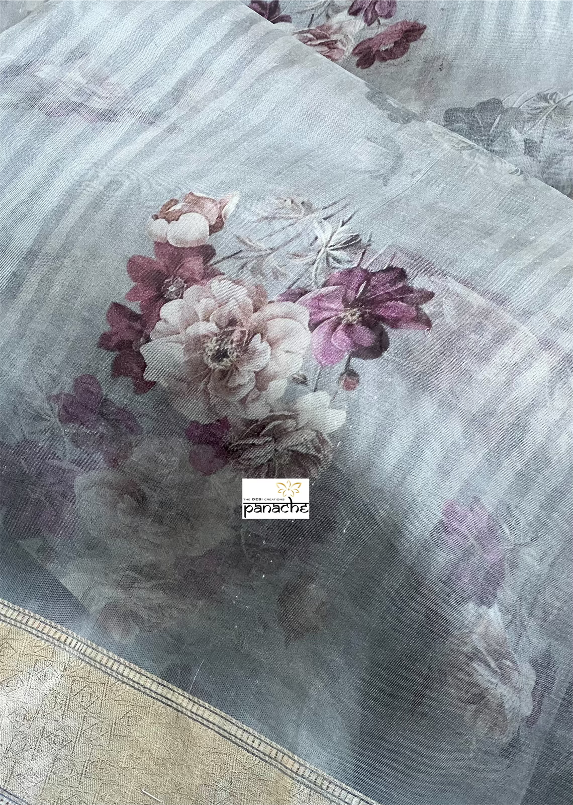Banarasi Organza Floral - Grey Antique Golden Zari