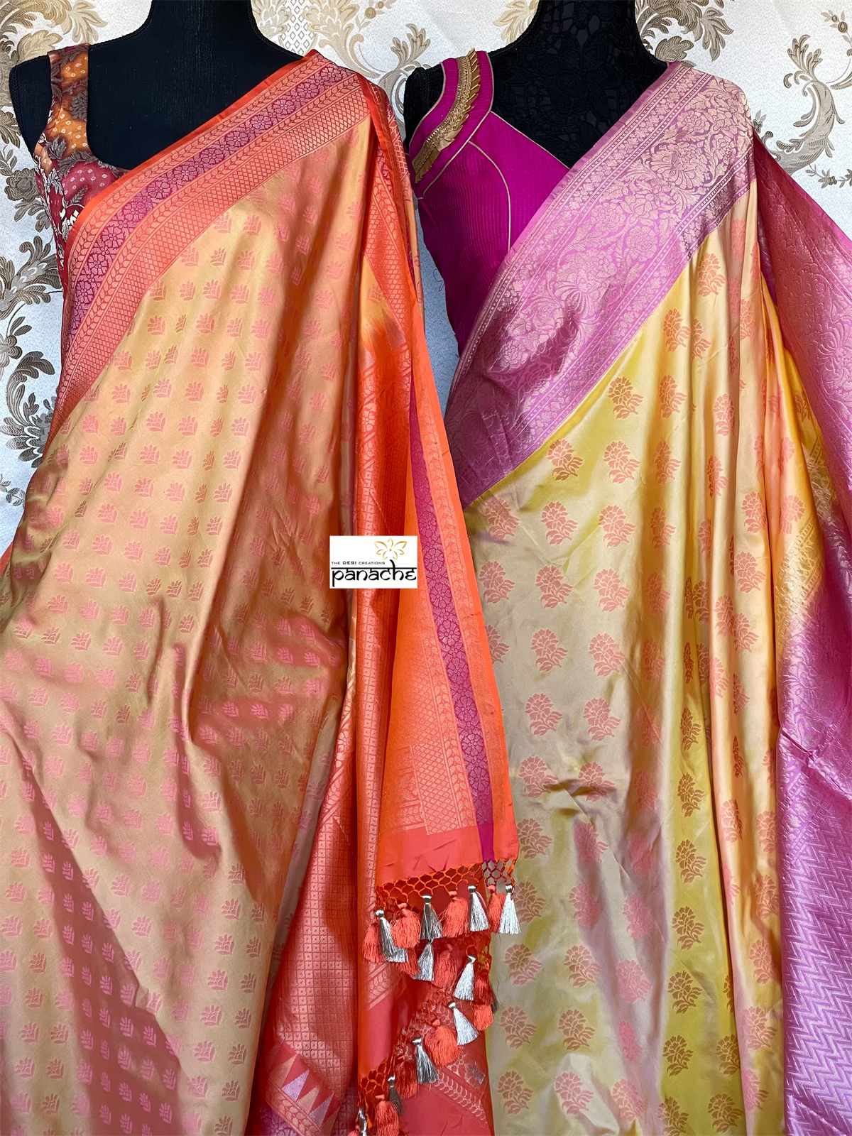 Silk Banarasi - Yellow Pink Resham Woven