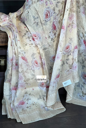 Floral Linen Silk Banarasi - Light Wheat Digital Printed