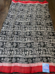 Pure Murshidabad Silk - Black White Red Printed