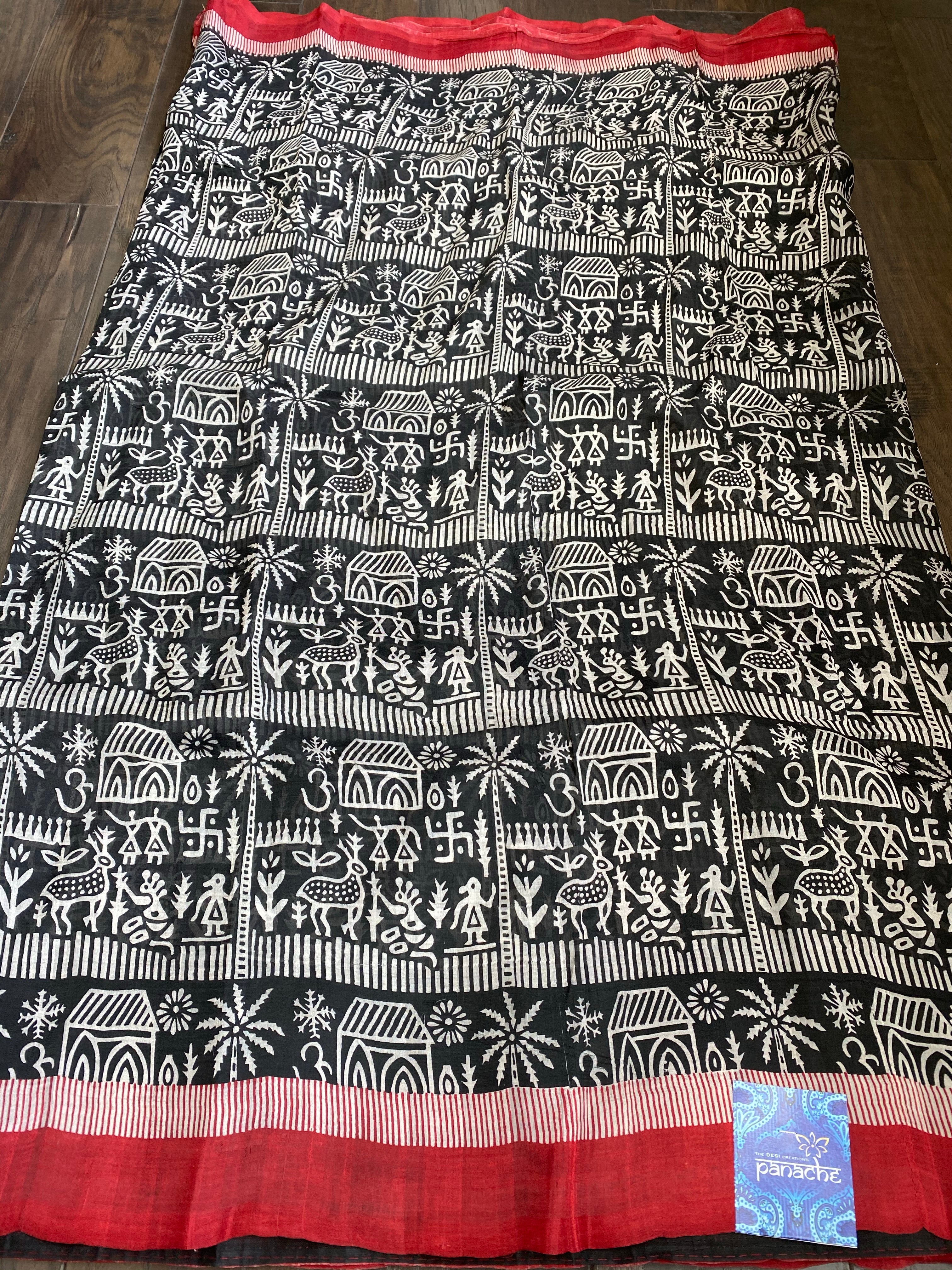 Pure Murshidabad Silk - Black White Red Printed