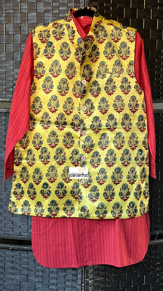 Silk Ajrakh Waist Jacket/Coat Men - Yellow Green Maroon XL 42