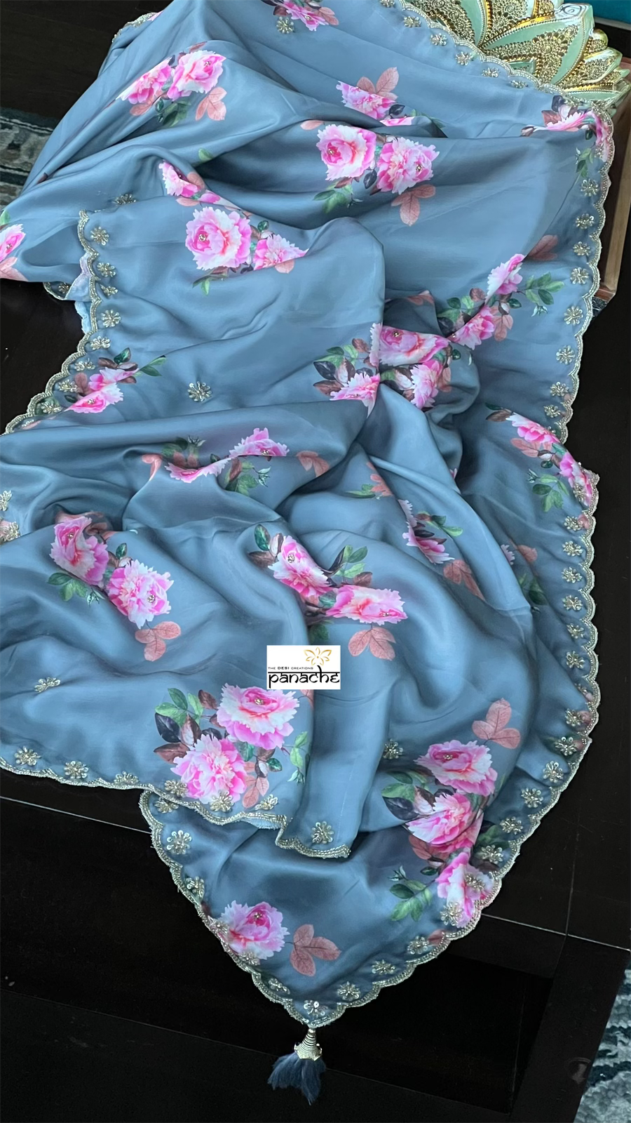 Designer Satin Silk Floral - Grey Pink