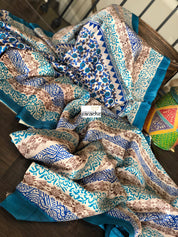 Tussar Silk - Printed Offwhite Firozi Royal Blue