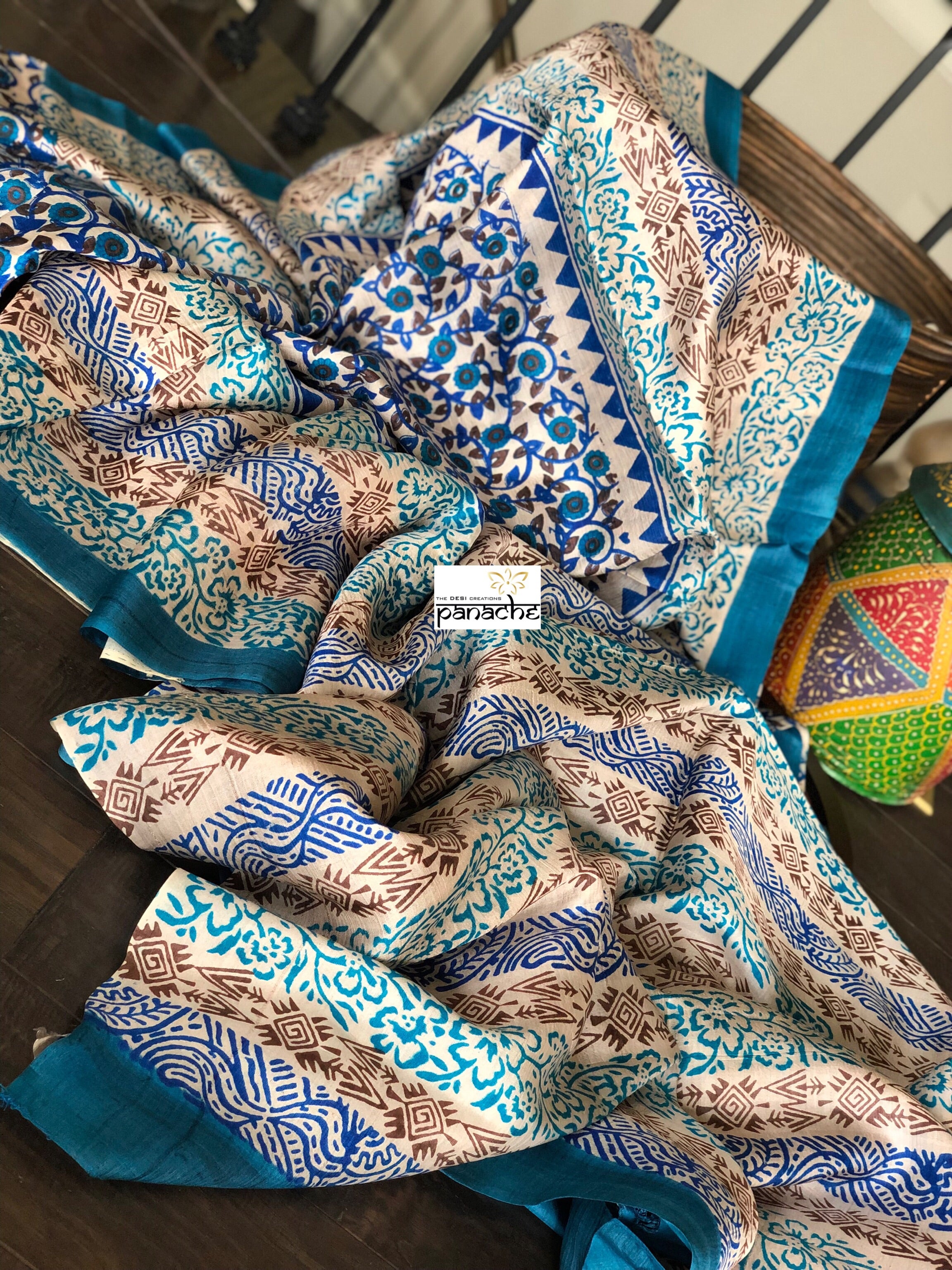 Tussar Silk - Printed Offwhite Firozi Royal Blue