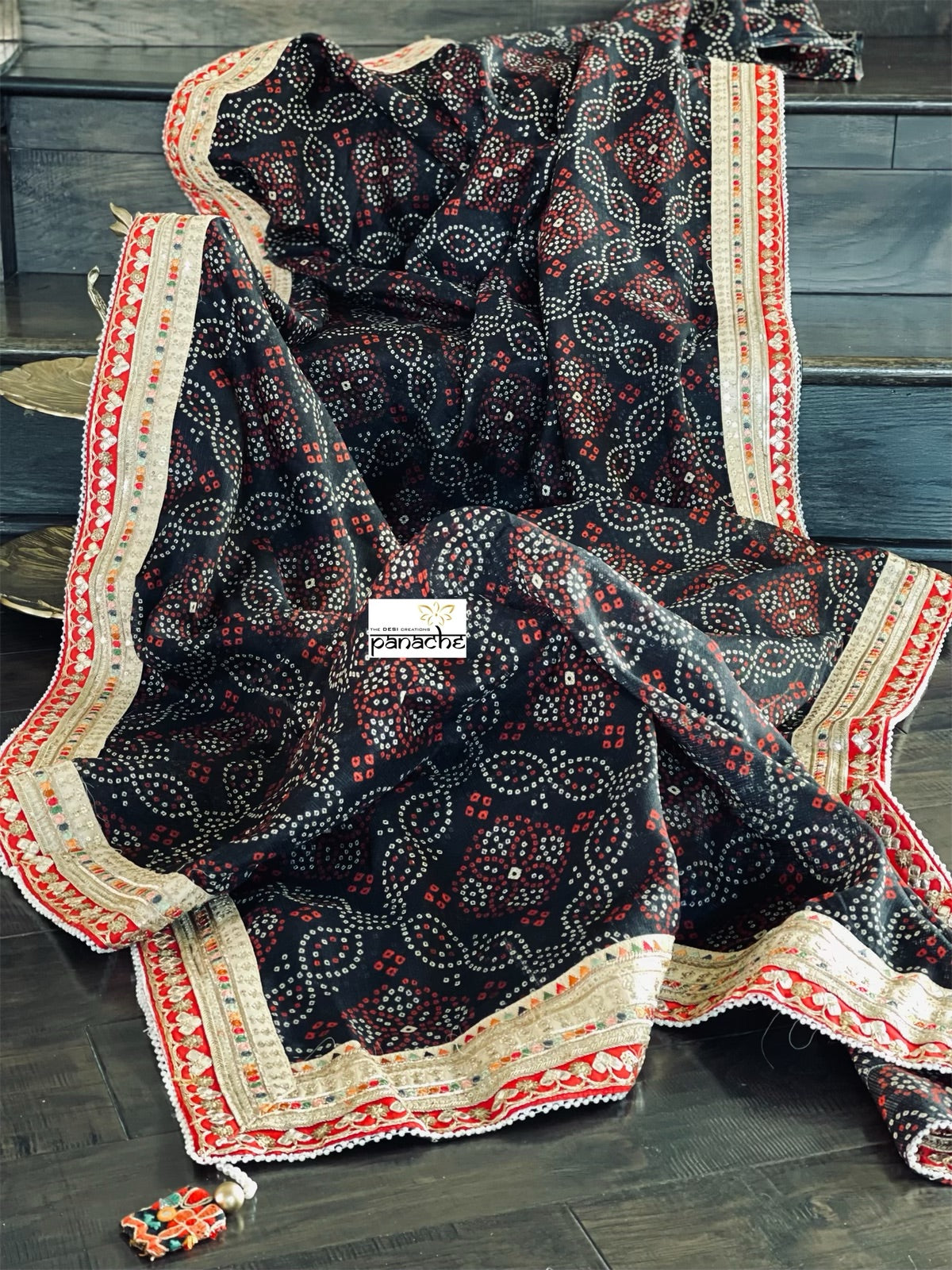 Kota Silk Bandhej - Black Red Printed