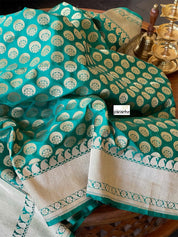 Pure Silk Banarasi - Teal Green Chand Buta Antique Golden Zari