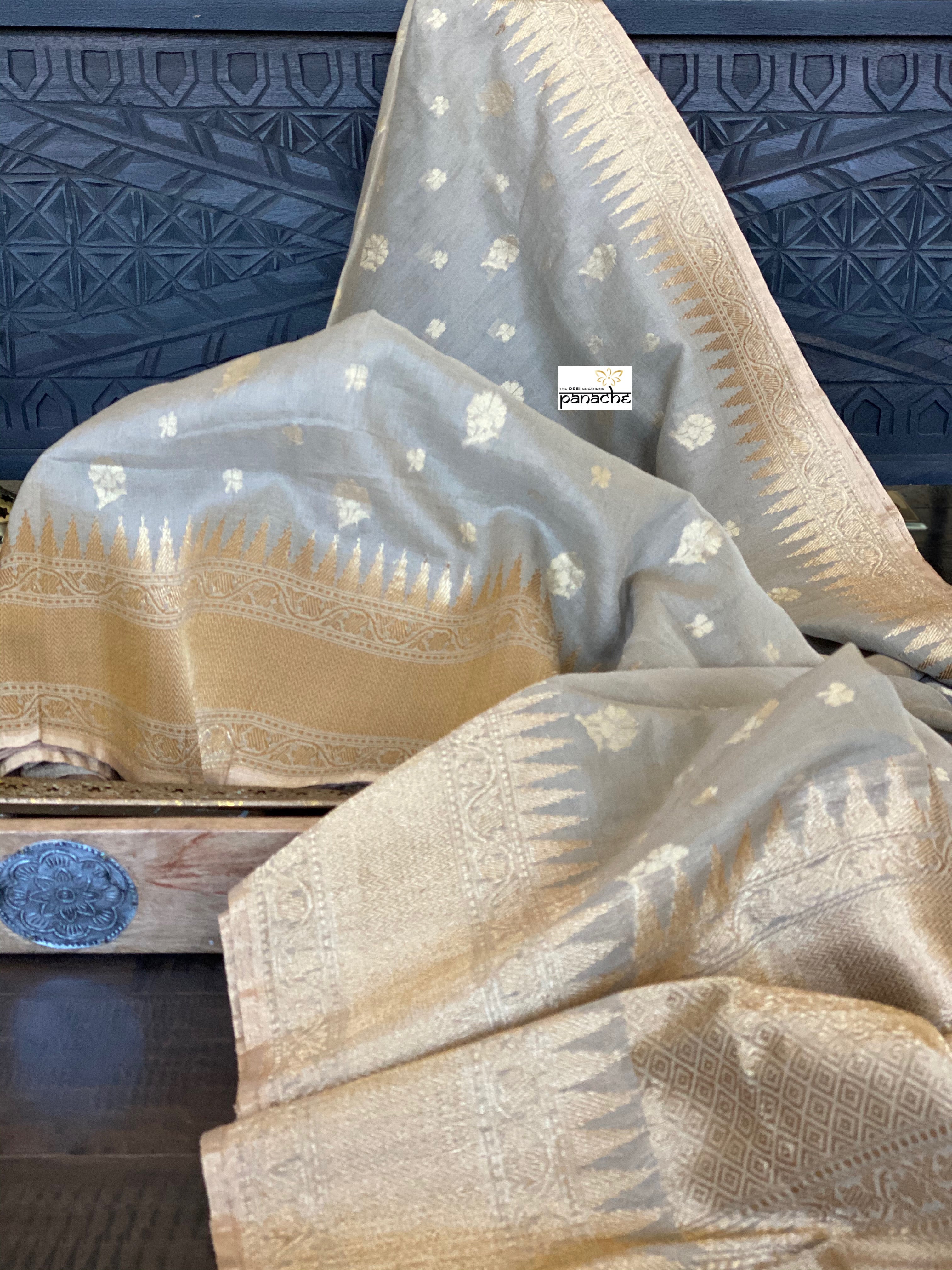 Malmal Cotton Banarasi - Beige Light Mocha Kadwa Zari Woven