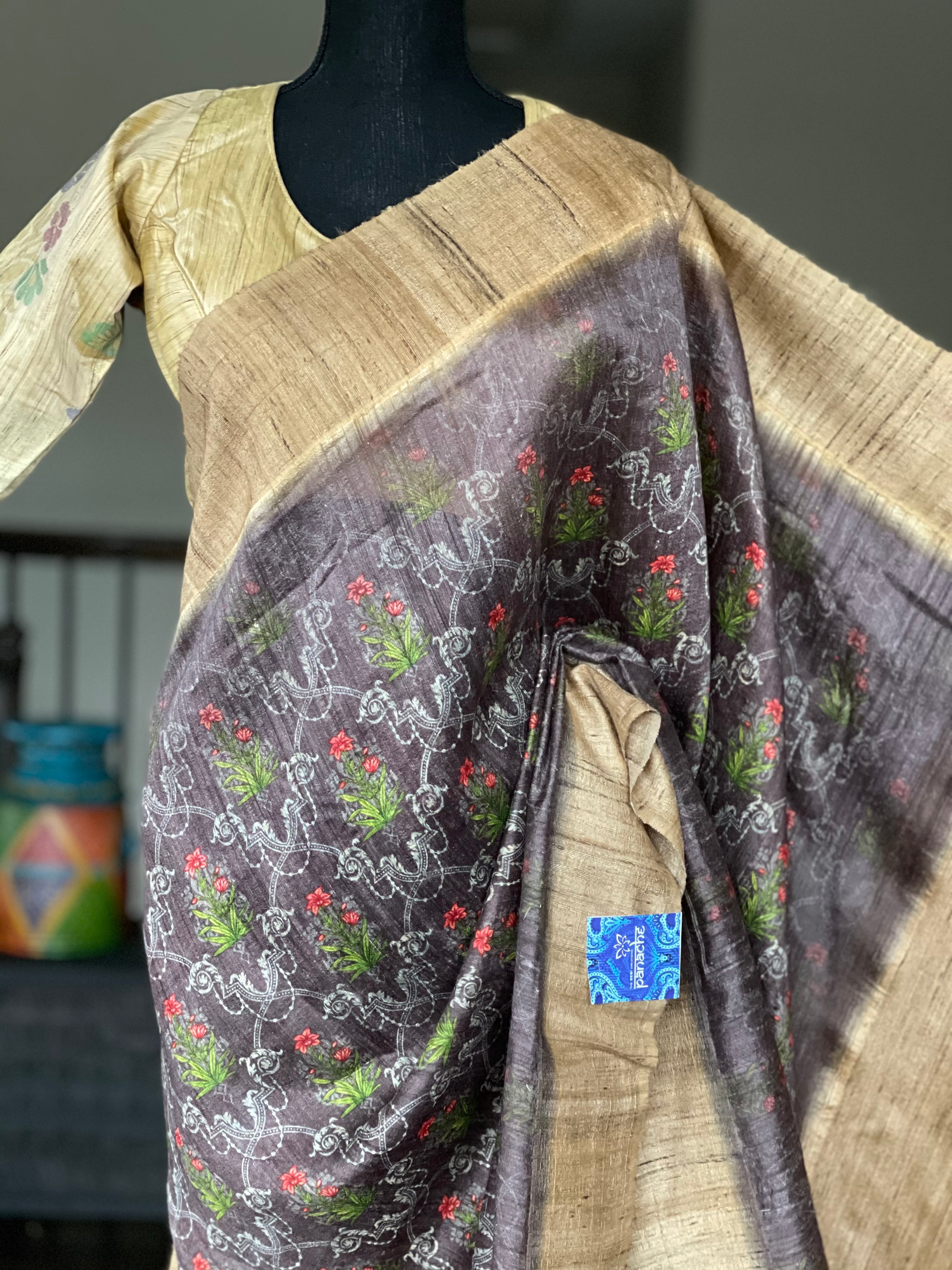 Pure Gicha Tussar Silk - Mauve  Brown Digital Printed