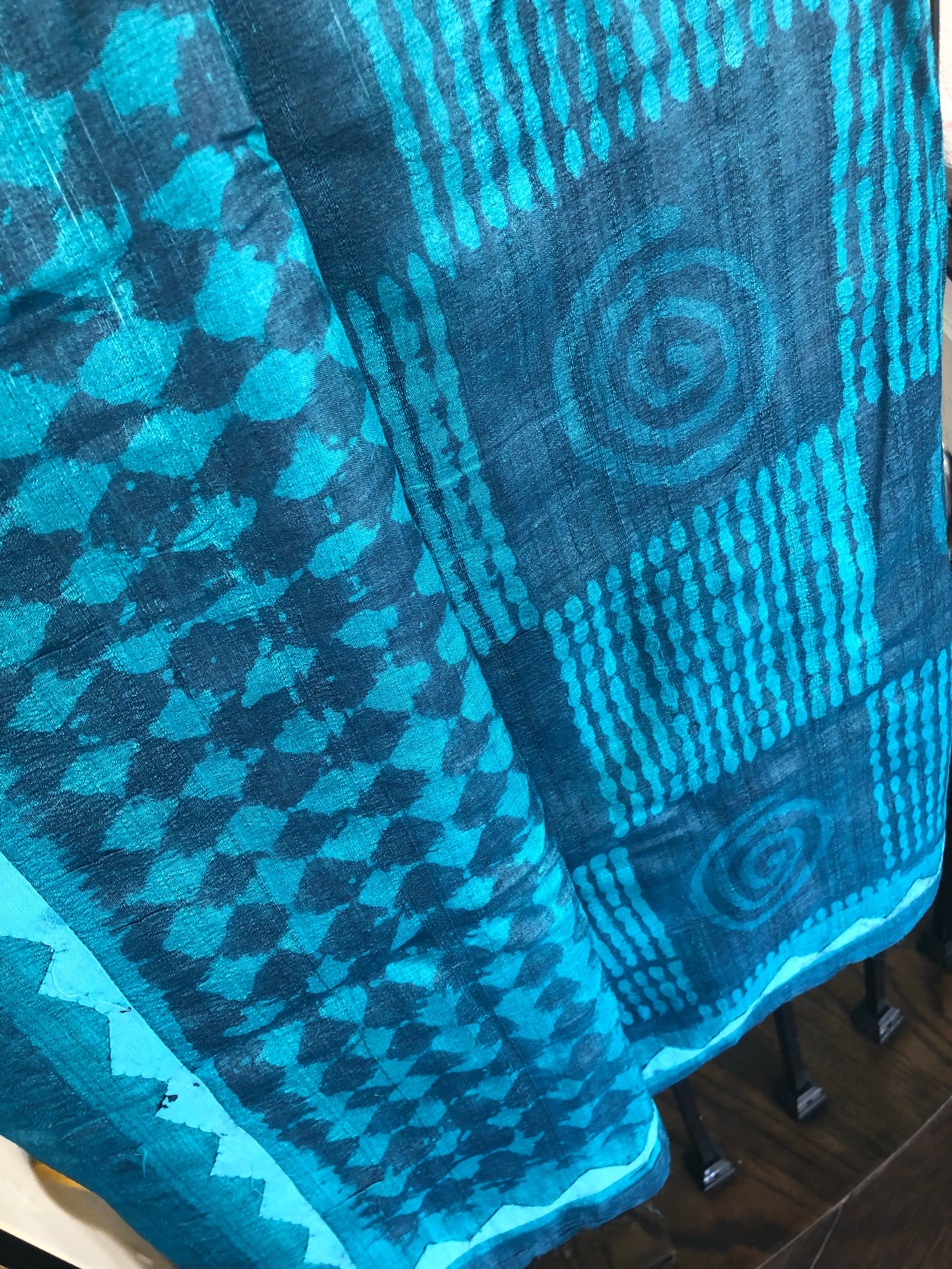 Pure Tussar Silk - Blue Firozi Printed and Appliqué