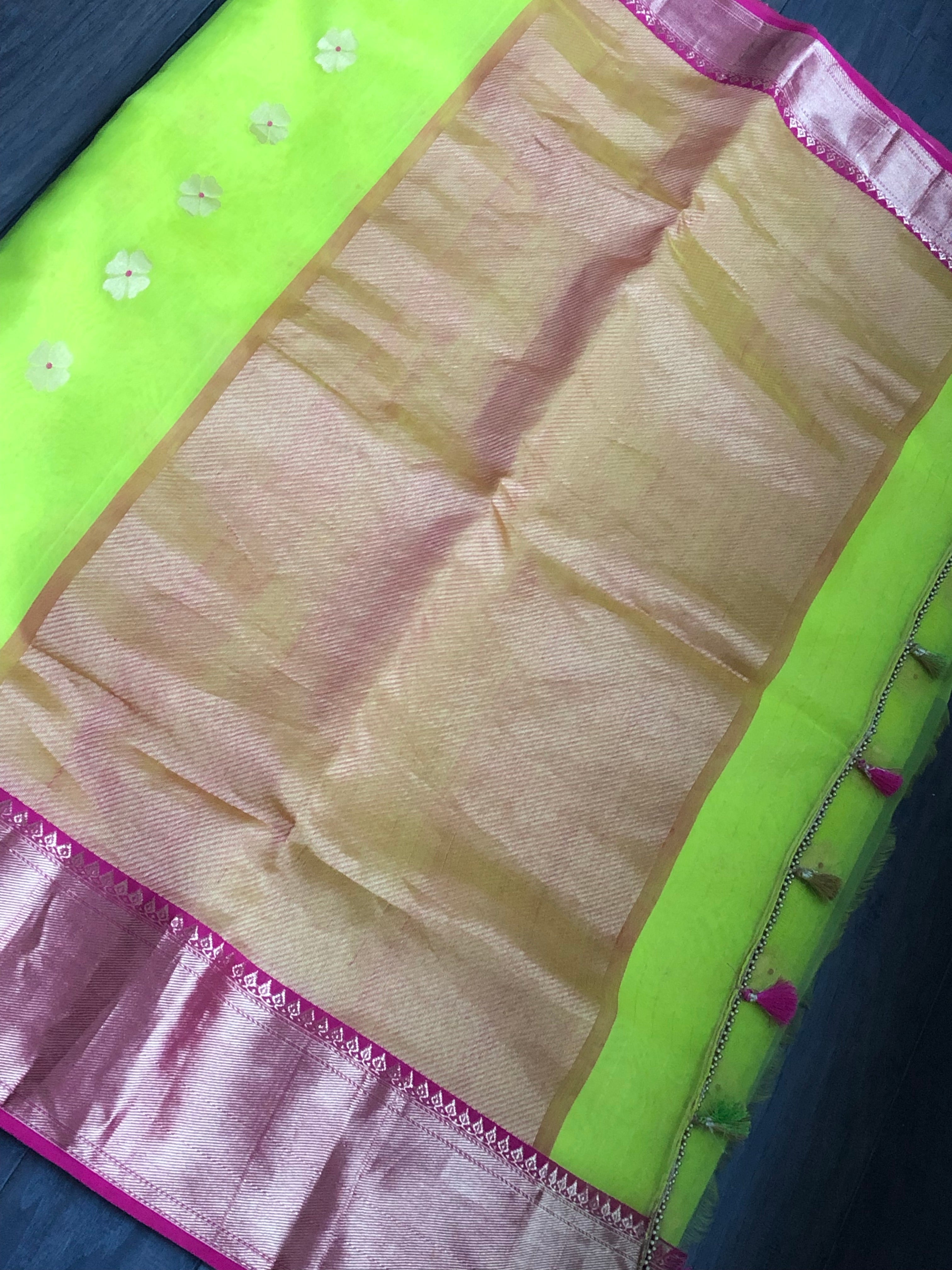 Chanderi Organza Silk - Neon Green Magenta Meenakari