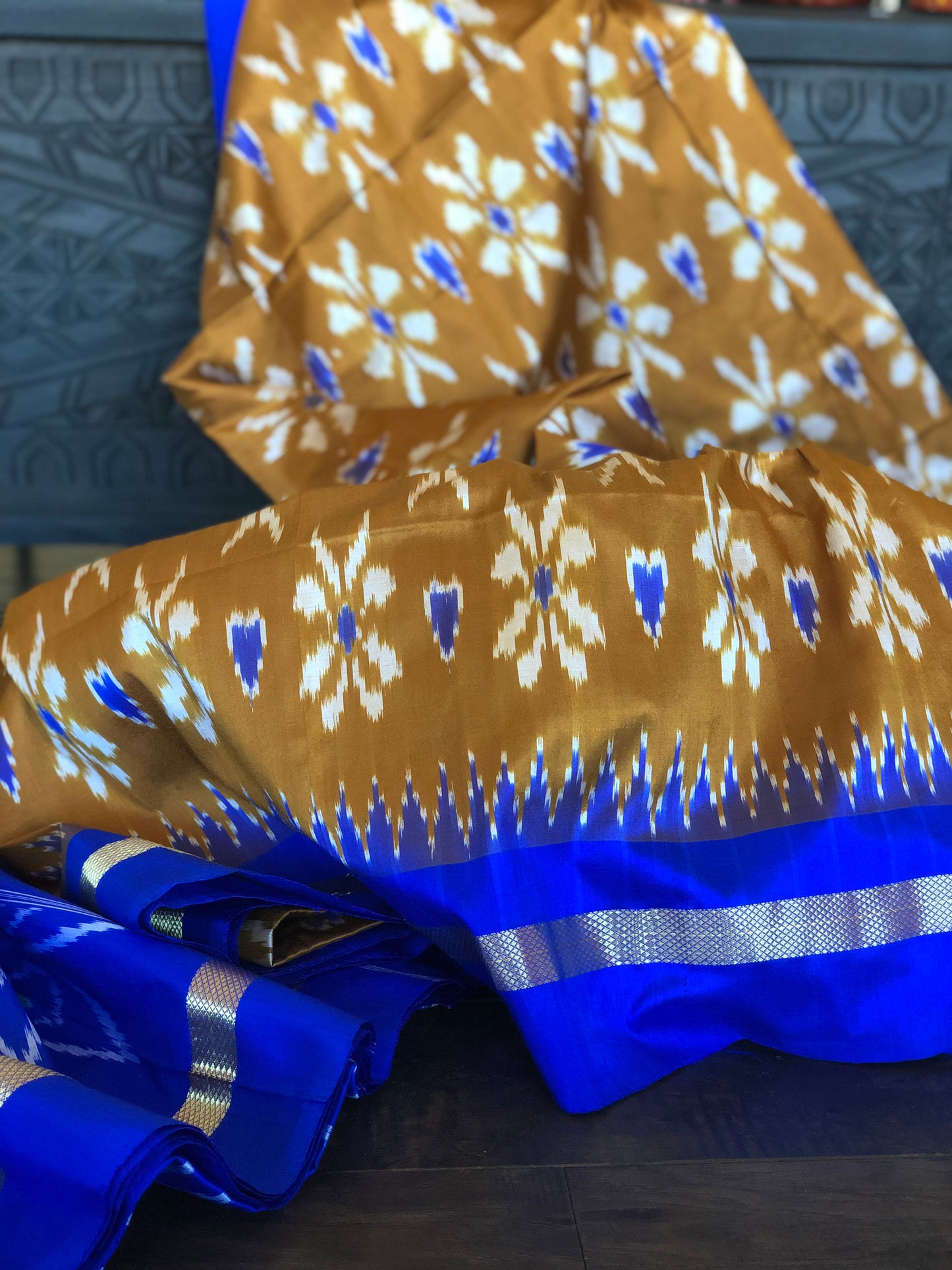 Pure Silk Ikat - Musard Yellow Royal Blue