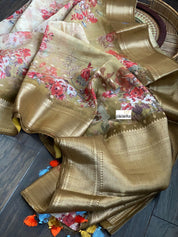 Mulmul Banarasi Floral - Light Brown Golden Zari